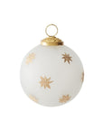 The North Star Ornament 4" by Accent Decor is a frosted white Christmas ornament with gold star patterns, a gold cap, and hanging loop. It fits perfectly in a 4x4x4 inch box.
