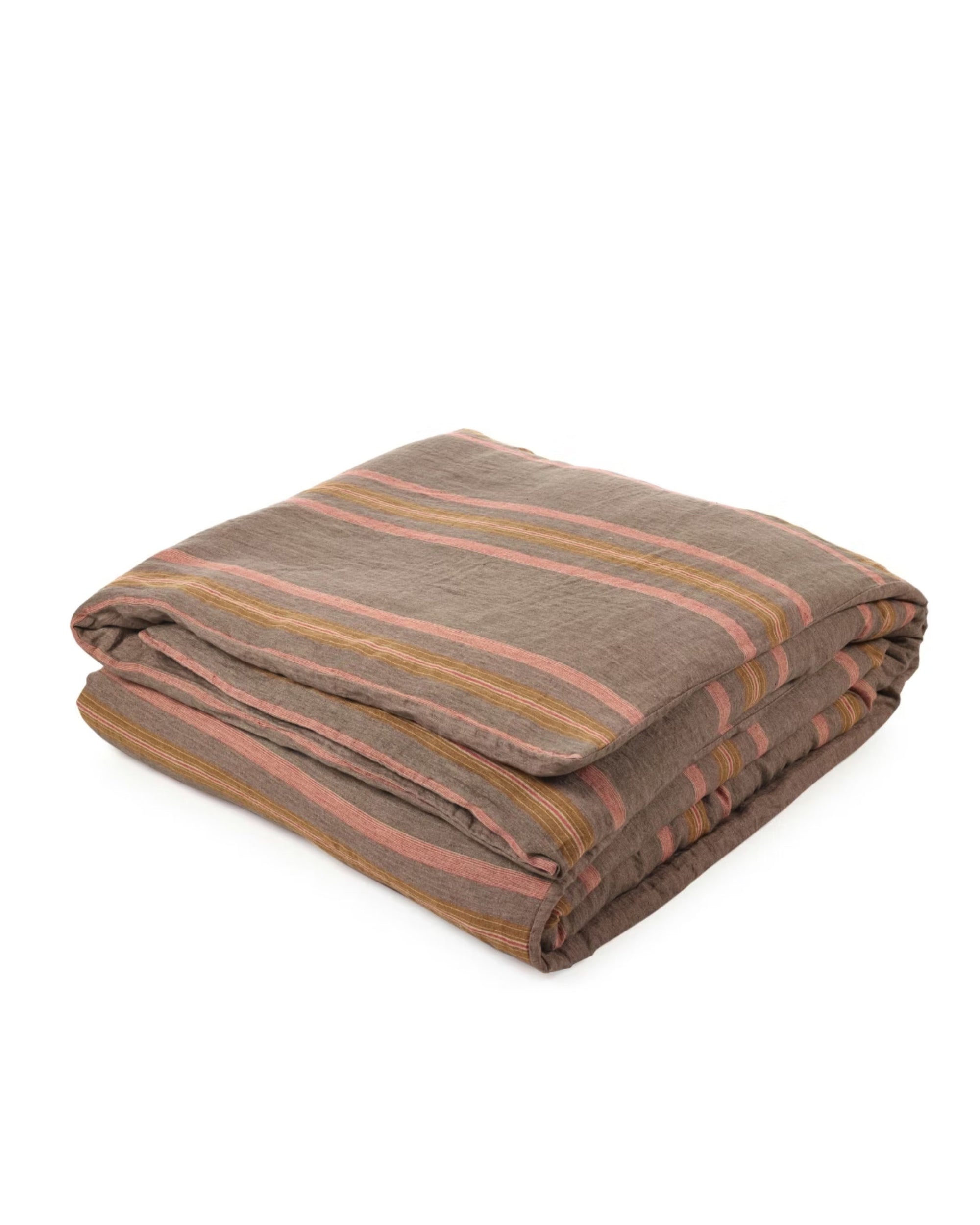 The Nottinghill Duvet Cover by Libeco Home, featuring orange and pink horizontal stripes in a yarn-dyed herringbone pattern, is neatly folded on a white background.