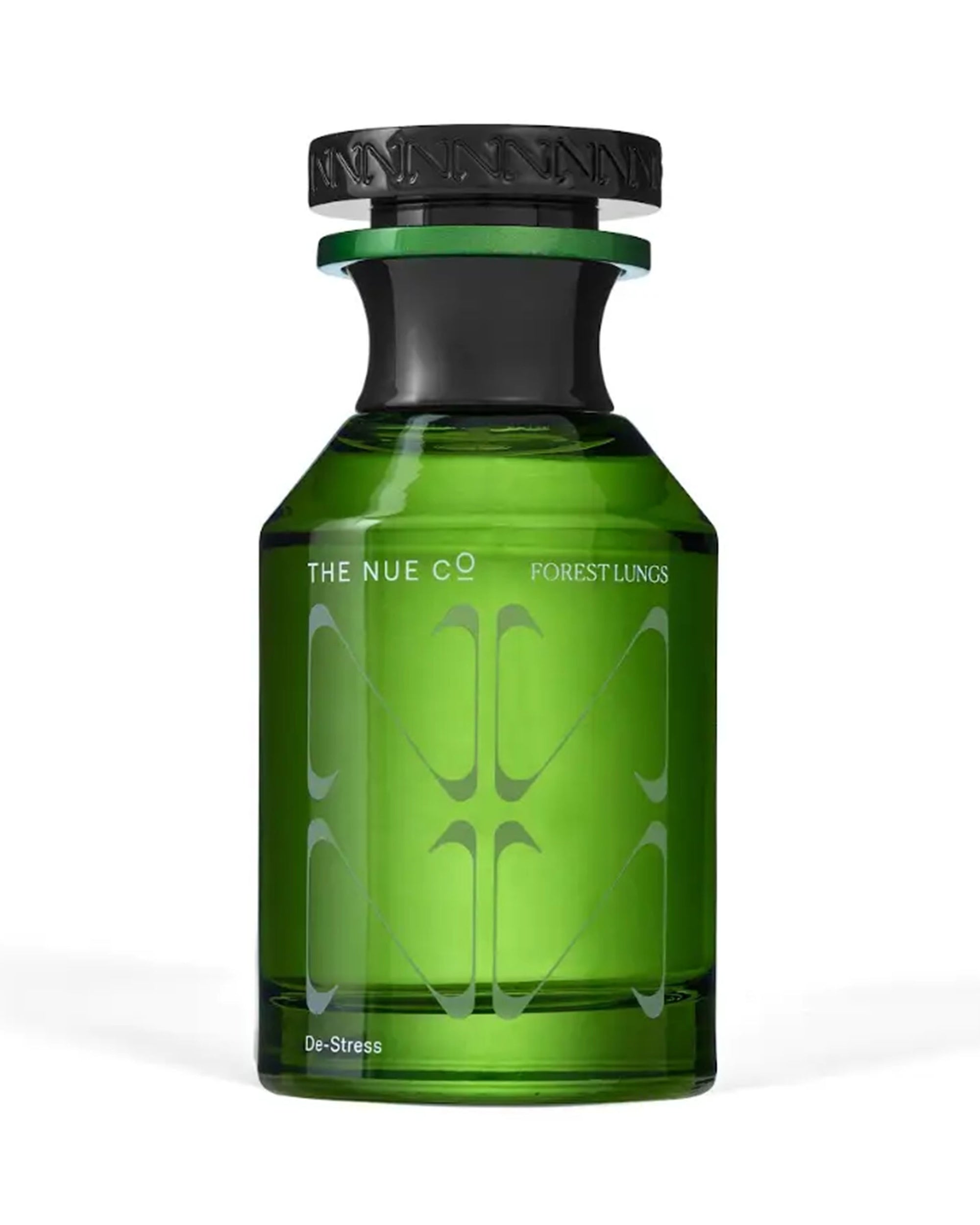 A green glass bottle of The Nue Co Forest Lungs 50ML anti-stress fragrance with a black cap and minimalist silver text. Inspired by vetiver and phytoncides, this scent promotes relaxation and calm.
