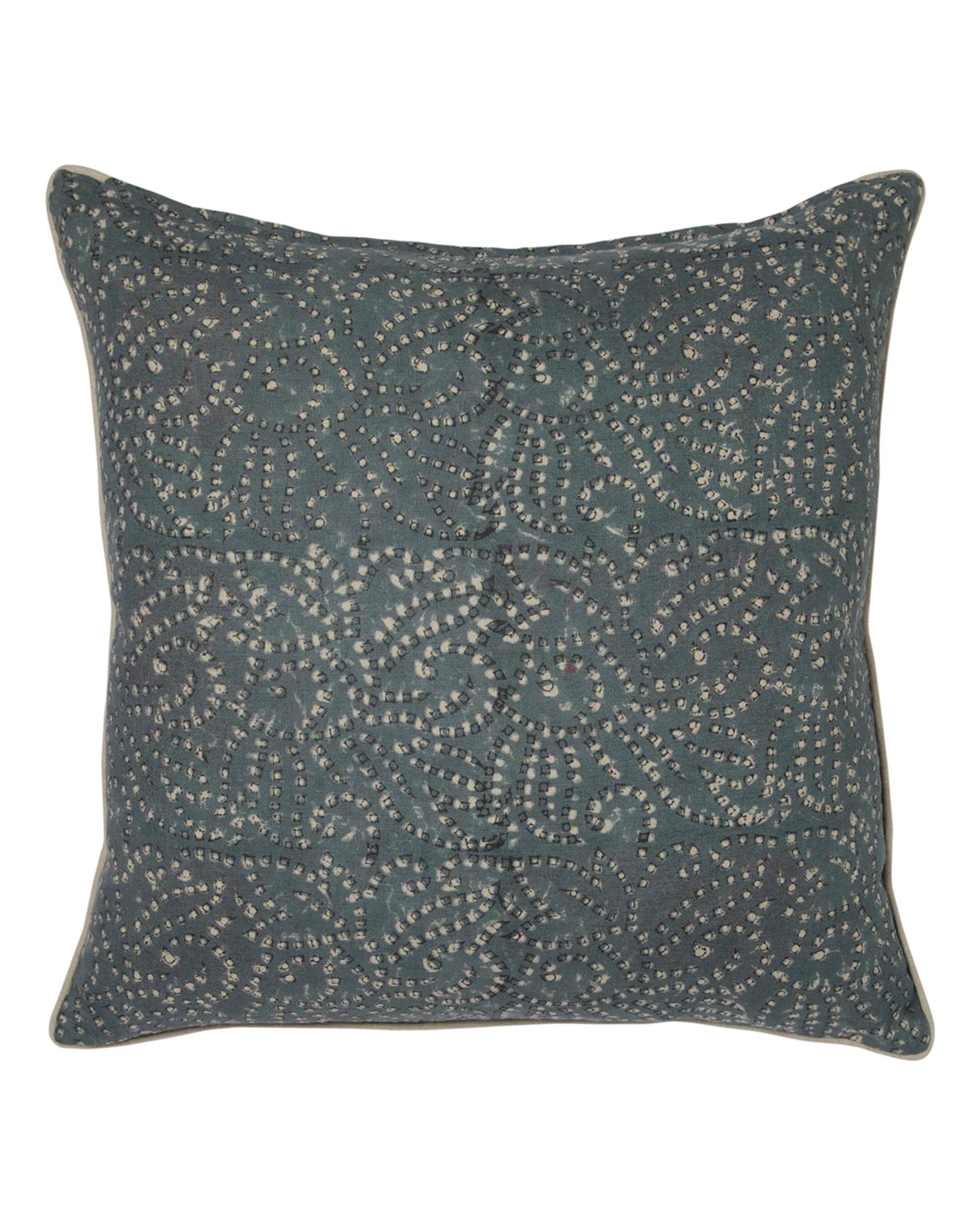 The NUR TEAL 24X24 pillow by Filling Spaces LLC is a hand block-printed square linen pillow with a dark teal background, light botanical dotted pattern, slightly rounded corners, and visible piping for an elegant touch.