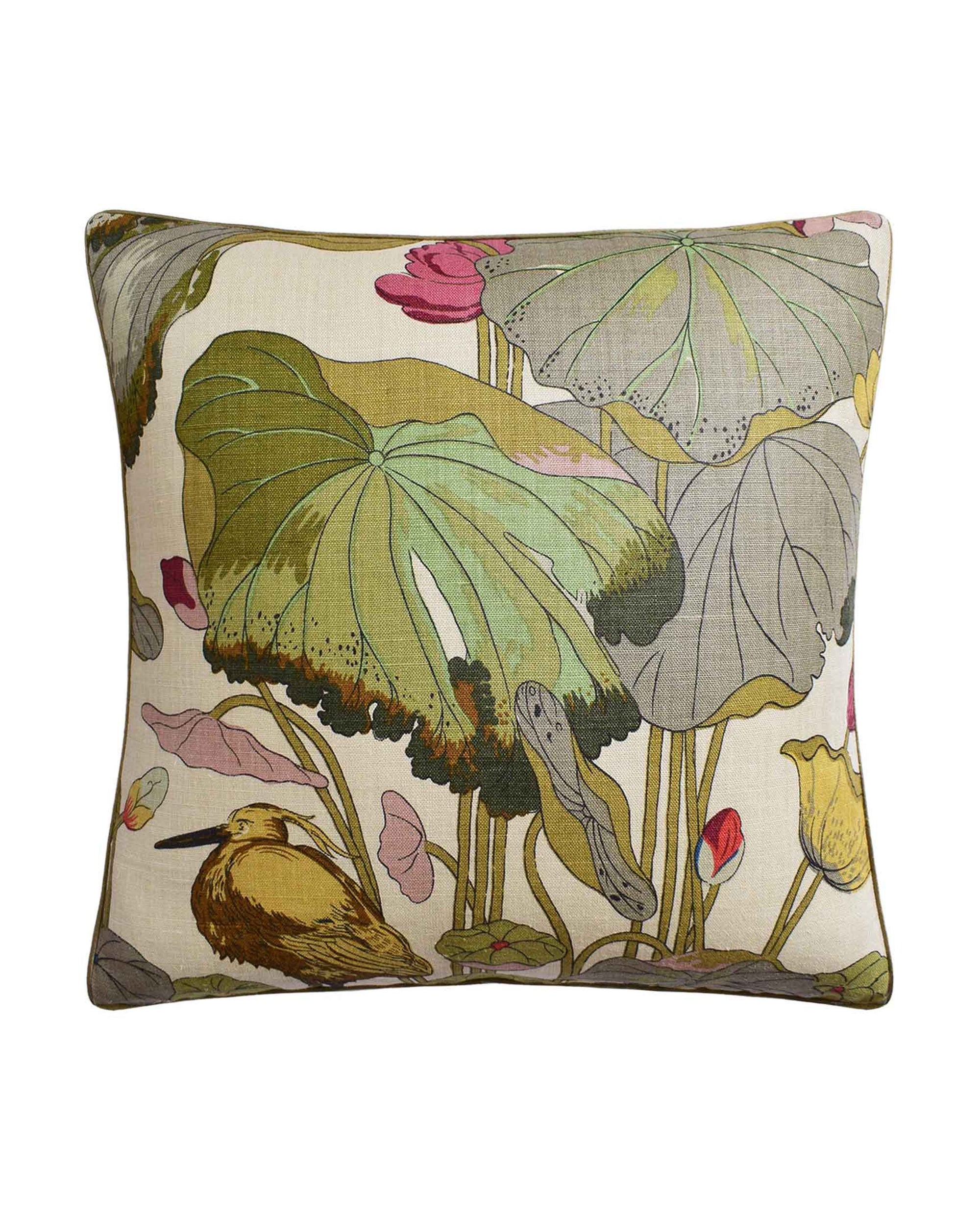 The Nympheus Taupe Pillow 22x22 by Ryan Studio features a nature-inspired print with lotus leaves, flowers, and a bird on a light background, plus a hidden zipper closure.