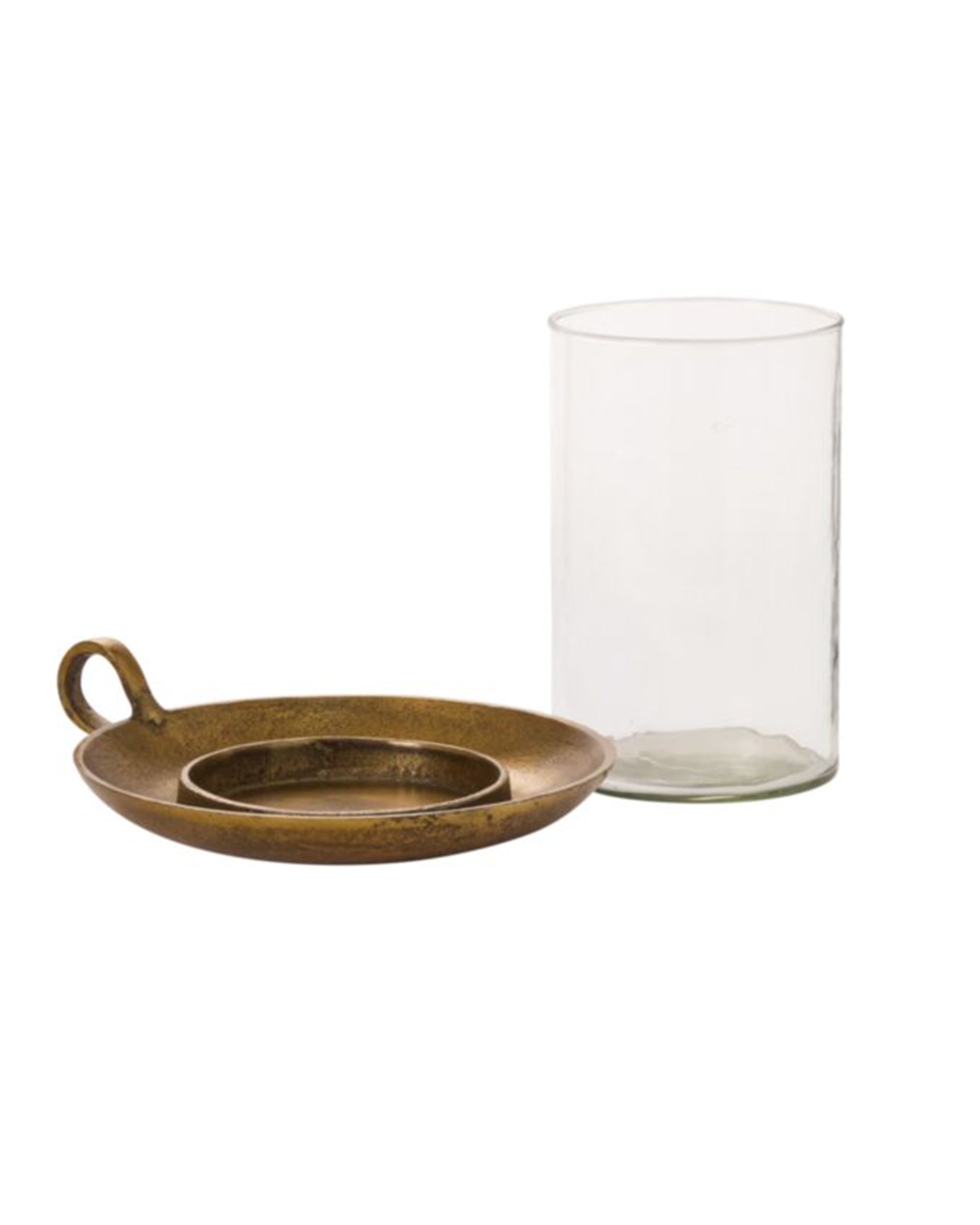 Clear glass cylinder candle holder with brass tray by Accent Decor, elegant for holiday décor at Bungalow Furniture.