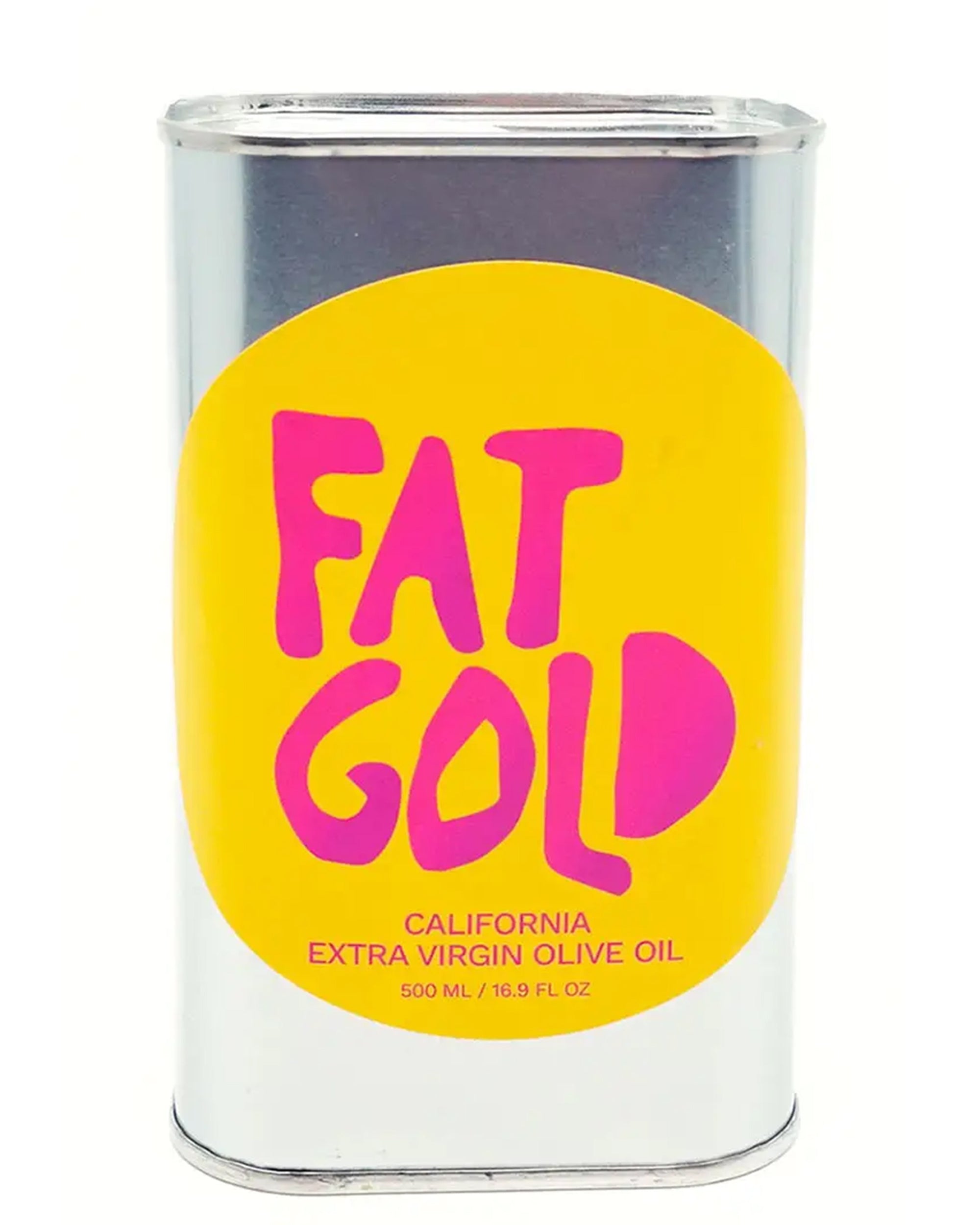 A silver tin of Fat Gold California Extra Virgin Olive Oil, made from robust Frantoio olives, features a large yellow label with bold pink text and contains 500 ml (16.9 fl oz) of antioxidant-rich olive oil.
