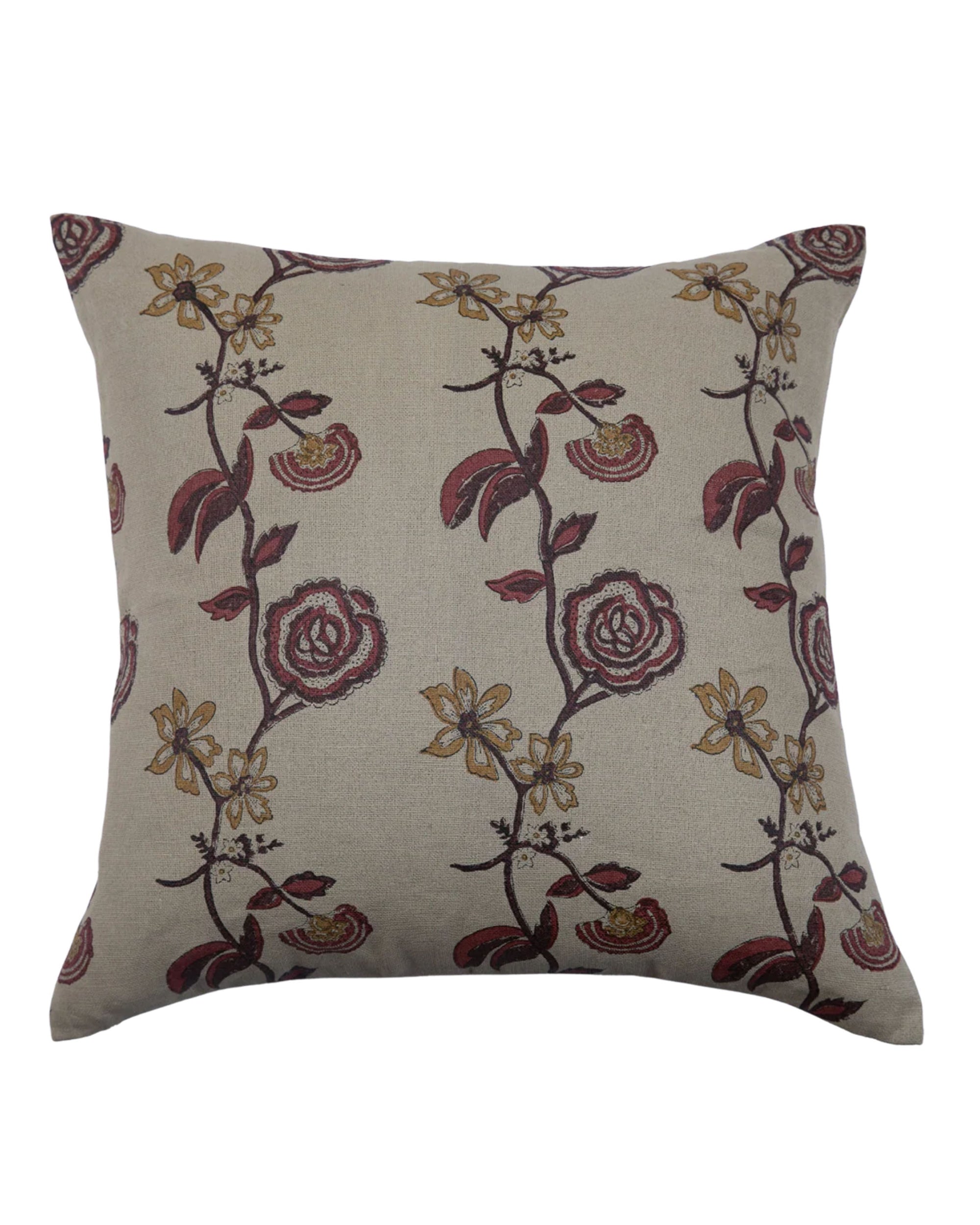 The Ora Romesco 24x24 Pillow by Filling Spaces LLC features beige linen with a repeating floral pattern of red and yellow flowers and dark green stems, adding charm and elegance to any living space.