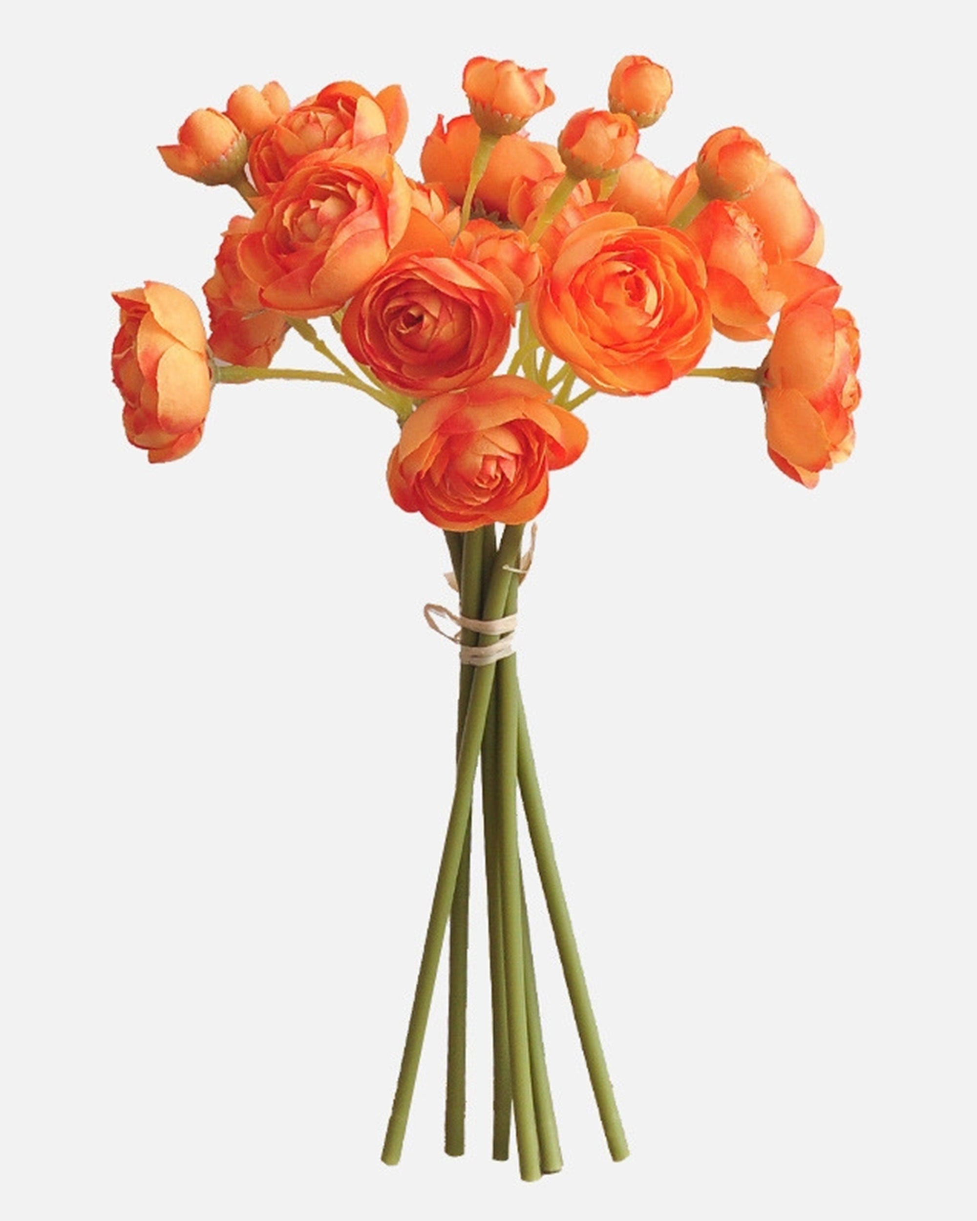 The Faire 10'' Silk Baby Ranunculus Flower Bunch features orange artificial blooms with green stems, tied with white string, displayed against a plain white background.