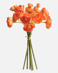 The Faire 10'' Silk Baby Ranunculus Flower Bunch features orange artificial blooms with green stems, tied with white string, displayed against a plain white background.