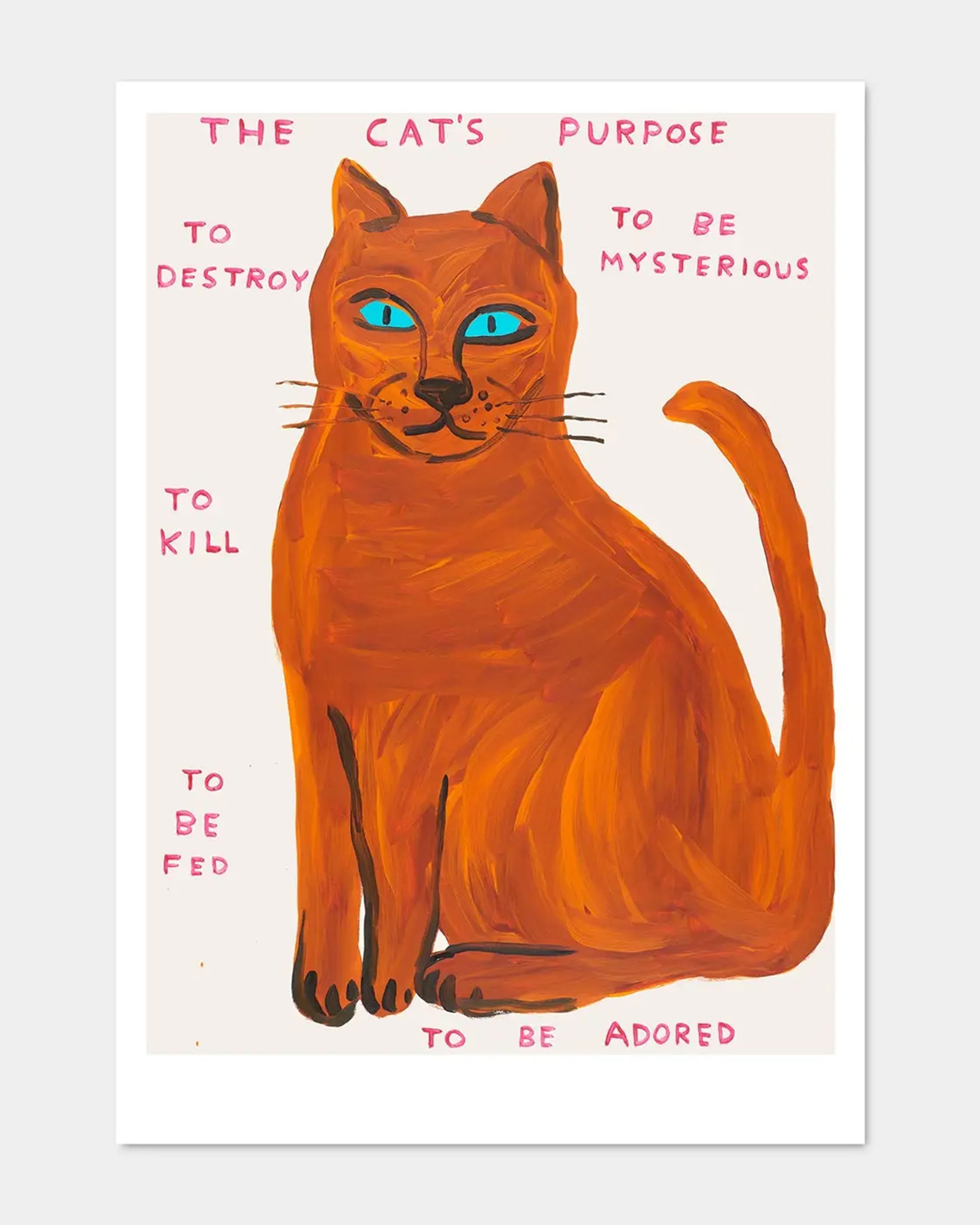 The Cat's Purpose" by Faire features an orange cat with blue eyes, surrounded by handwritten phrases on a light pink background, evoking the quirky style of a David Shrigley postcard.