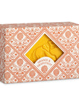 A decorative Provence box with an orange floral pattern and diamond window reveals Faire's Hand and Body Soap Bar, embossed and labeled "Orange & Grapefruit.