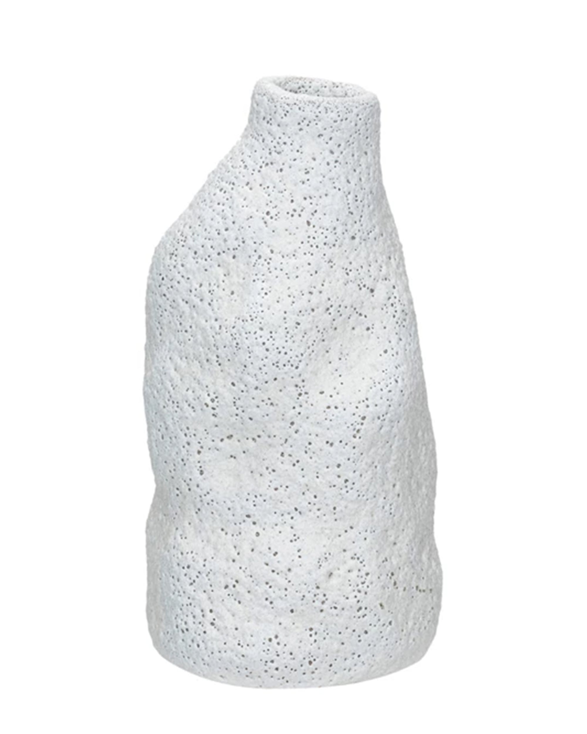 The Creative Co-op Organic Shaped Vase is a textured white stoneware piece with an uneven, organic form, a narrow tilted opening, and a subtle reactive glaze finish.