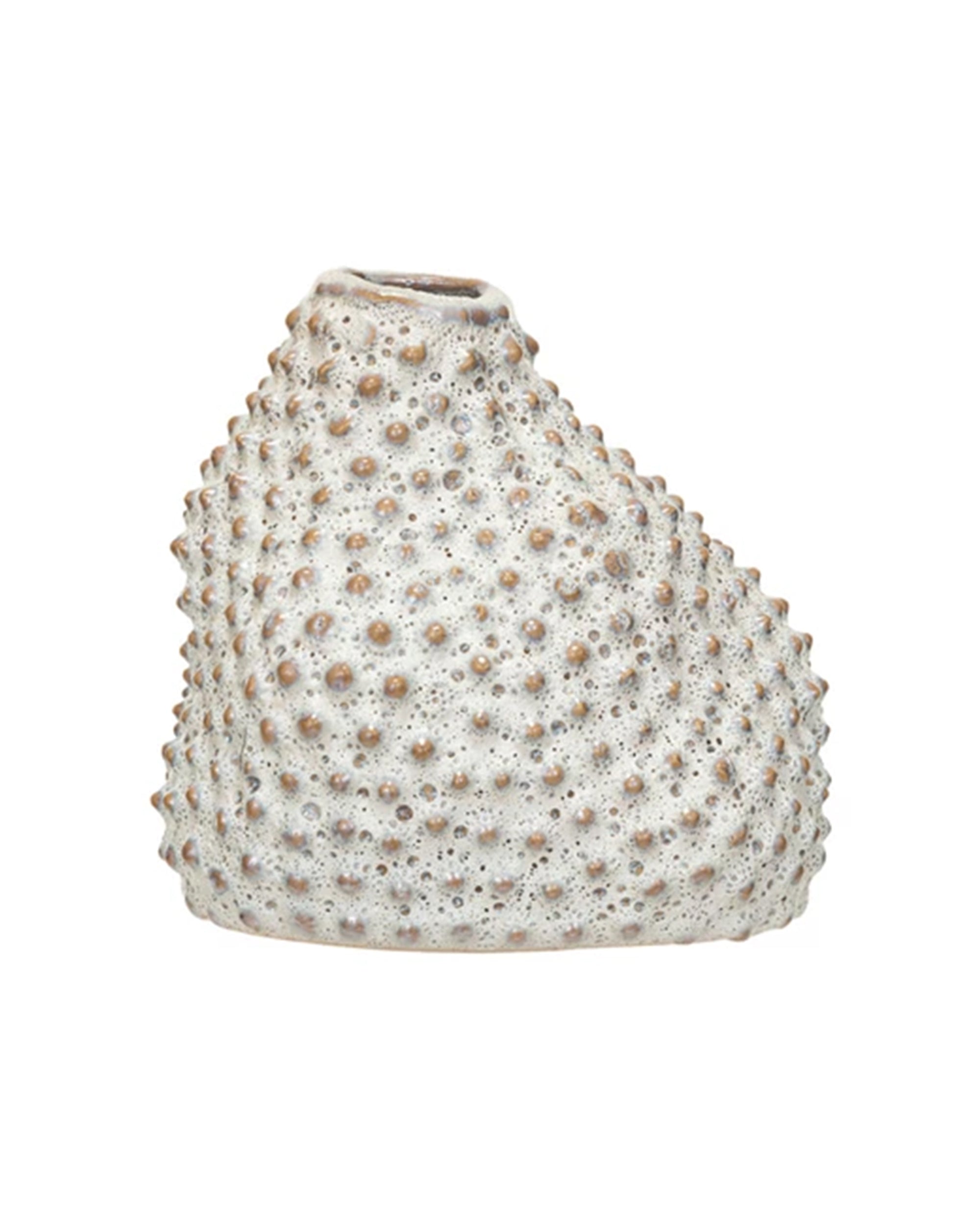 The Creative Co-op Organic Shaped Vase features white stoneware with a rounded, uneven form and a textured surface of small raised bumps, evoking the look of a sea urchin shell.