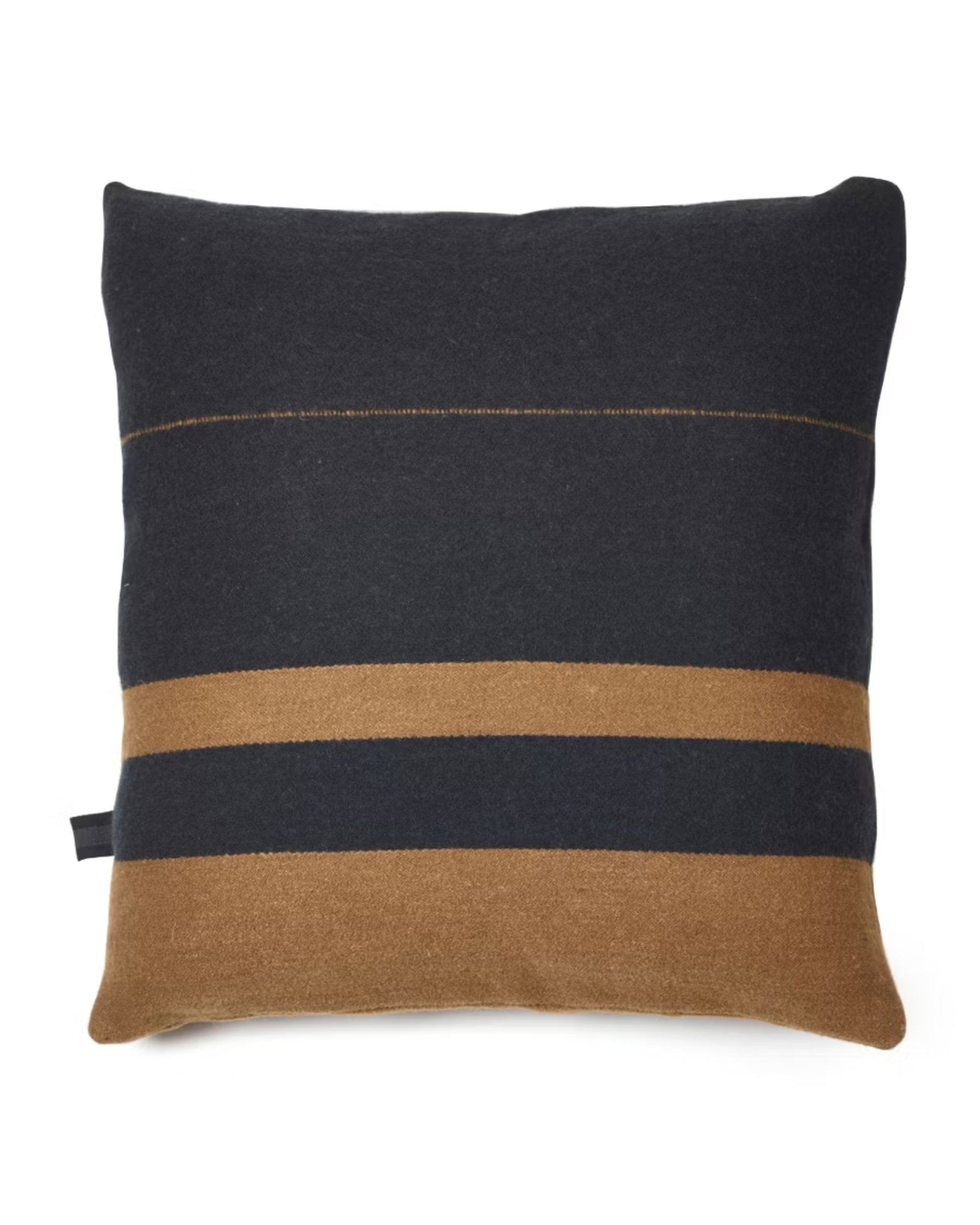 The Oscar Pillow by Libeco Home is a square, lightweight linen/wool cushion with a dark background and muted black and brown horizontal stripes. It features a simple, modern design and a subtle side tag.