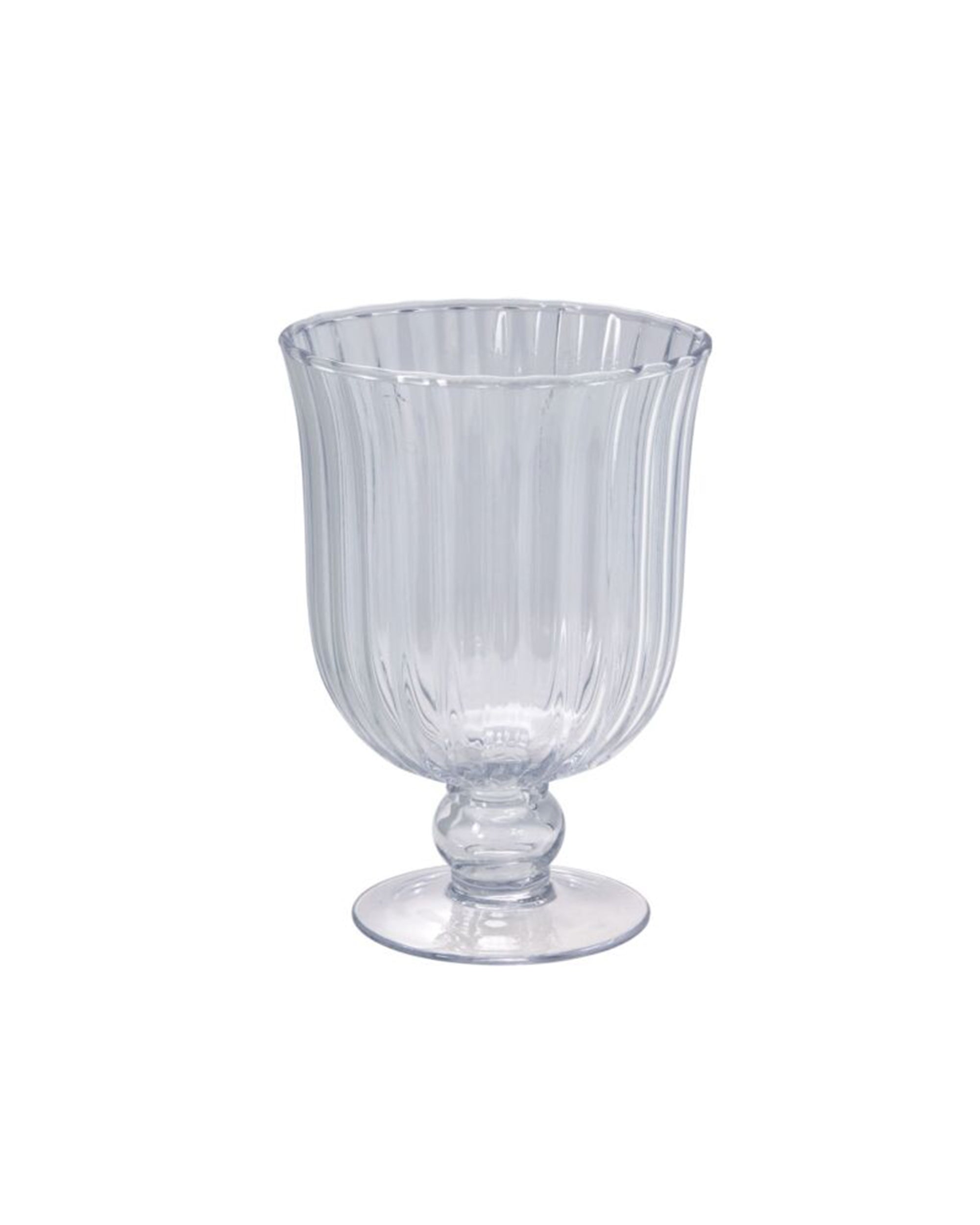 The 32721 Oster Vase M by Accent Decor is a clear glass vase with optic ribbing, wide bowl, short stem, and round base, shown against a plain white background.