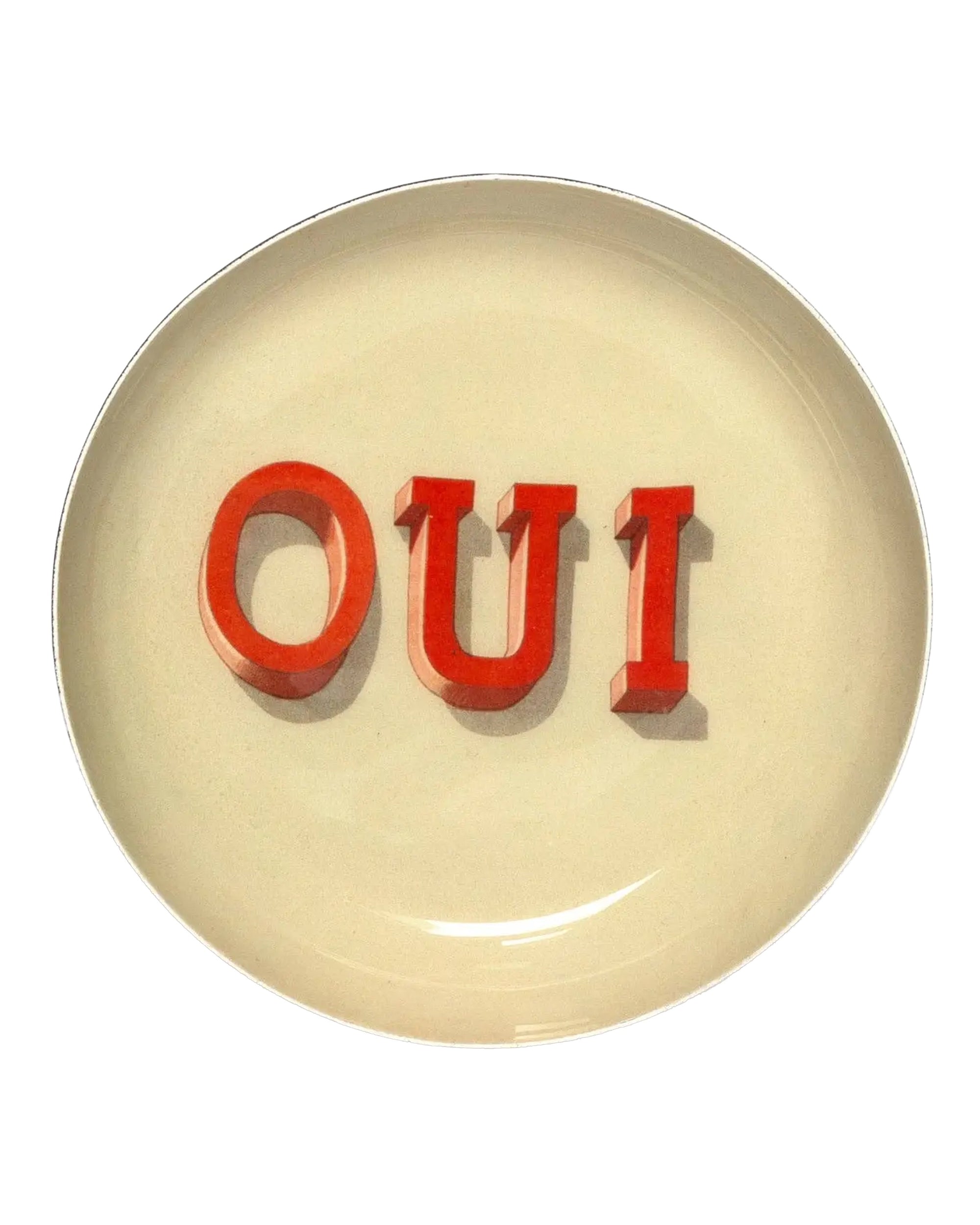 Beige enamel tray with bold red OUI lettering, Faire, Round Enamel Tray Oui, decorative accent for the home.