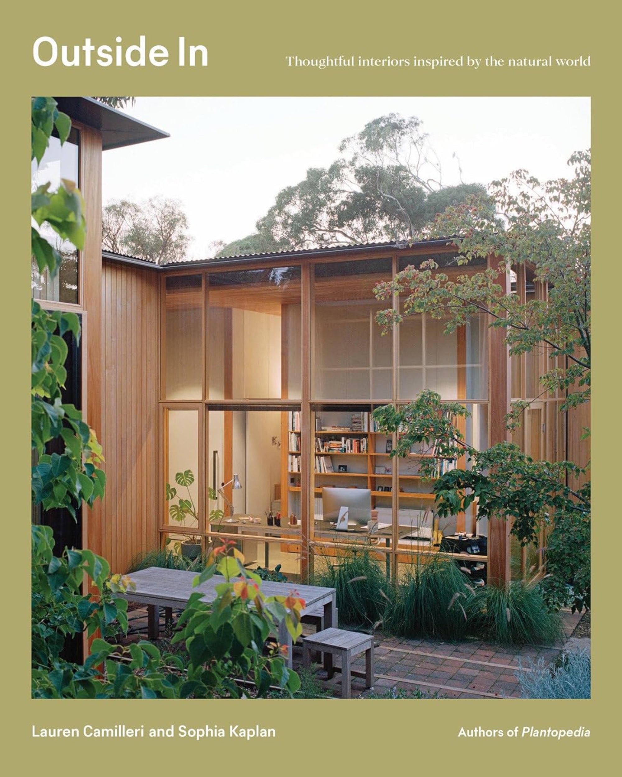 Book cover for "Outside In: Thoughtful Interiors" by Random House, featuring a modern home with large glass windows and vibrant greenery—highlighting interior design inspired by nature and the concept of bringing the outside in.