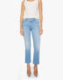 A person wears Mother’s The Outsider Flood Fray light blue straight-leg jeans with frayed hems, a sleeveless white top, and pointed-toe clear heels, standing against a white background.