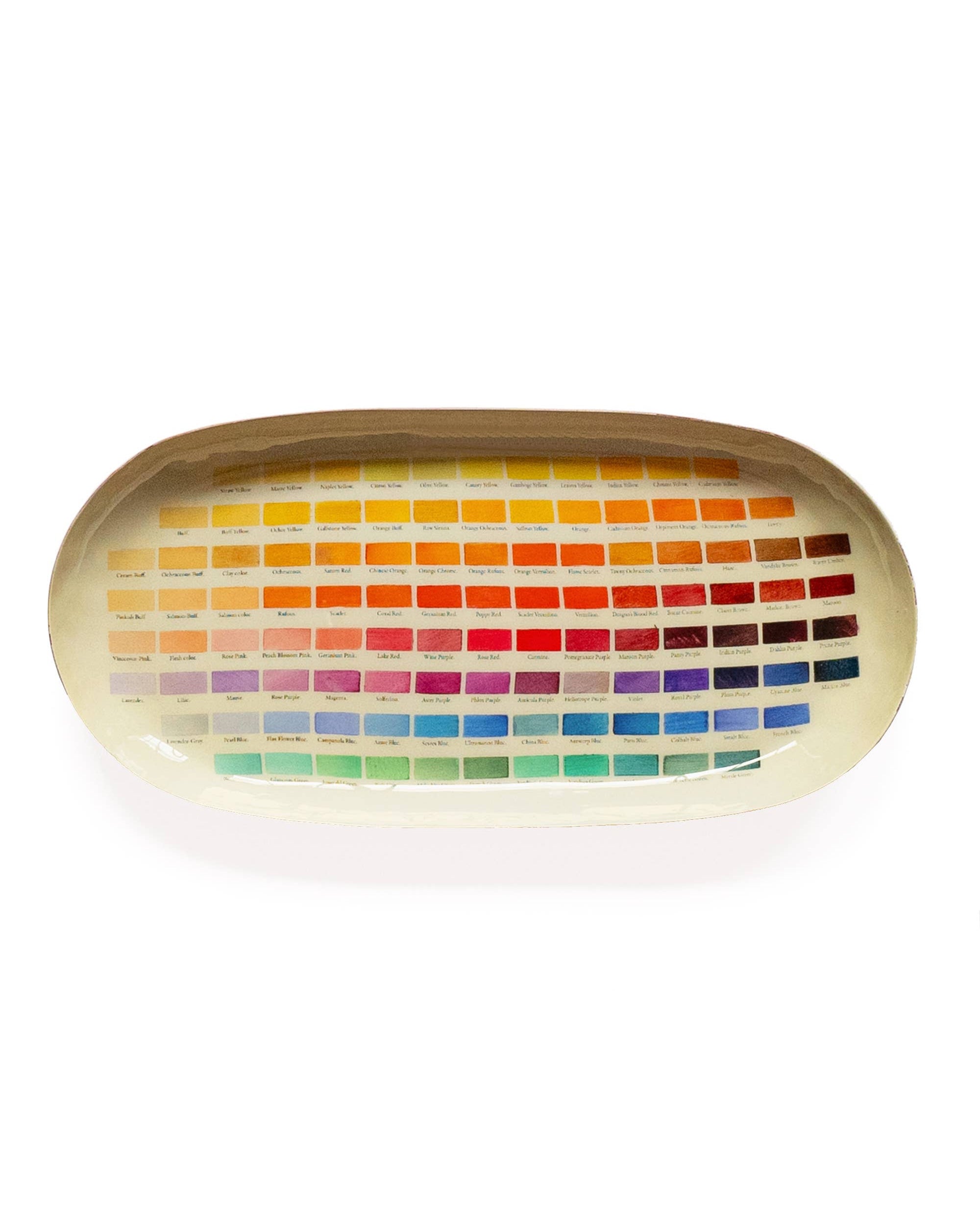 Oval enamel tray by Faire with a rainbow grid pattern, colorful modern accent for home decor.