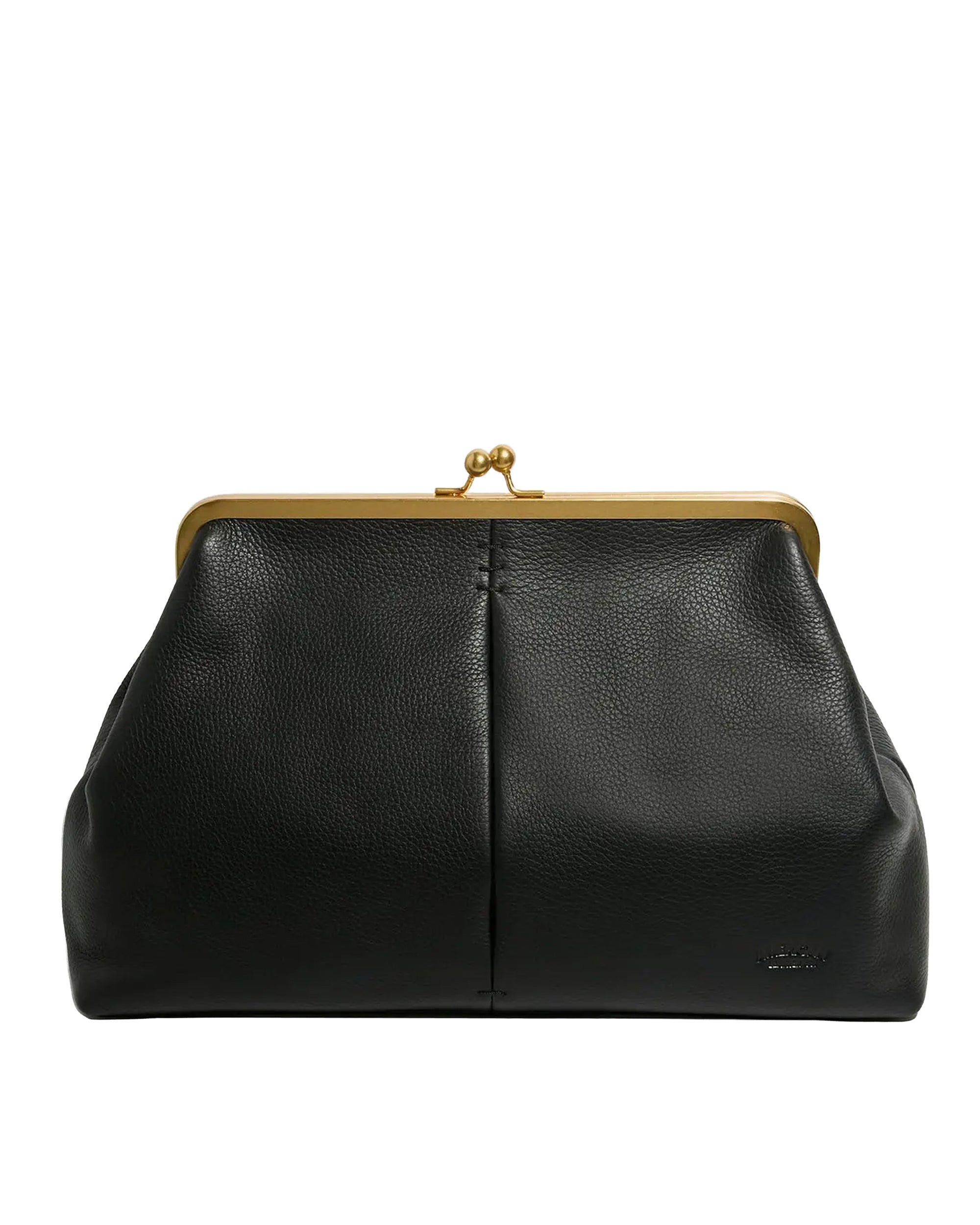 The Faire Grace Oversized Clutch is crafted from black genuine leather with a vintage-inspired gold metal kiss-lock frame and subtle logo embossing in the lower right corner.