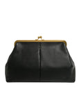 The Faire Grace Oversized Clutch is crafted from black genuine leather with a vintage-inspired gold metal kiss-lock frame and subtle logo embossing in the lower right corner.