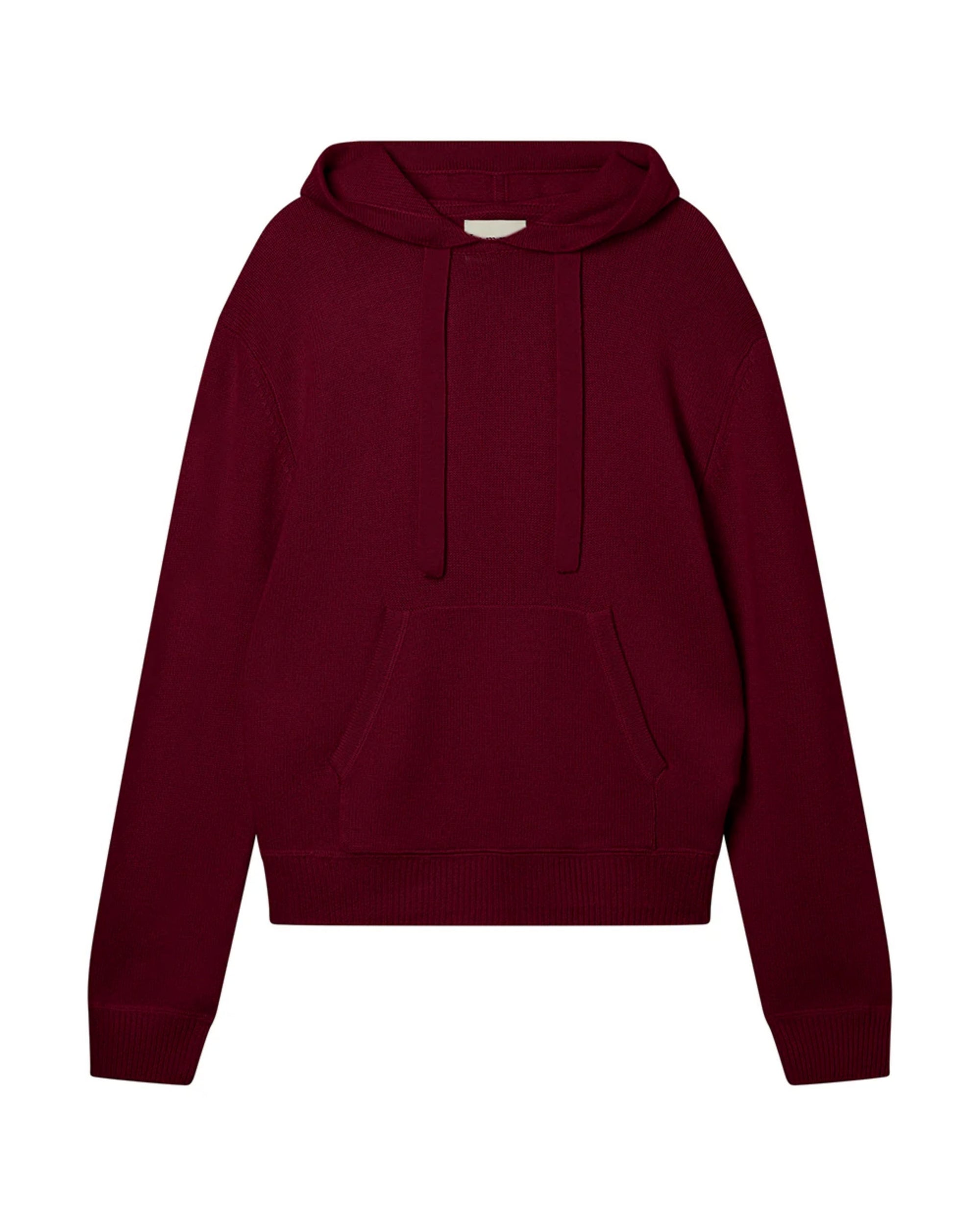 The Jumper 1 2 3 4/CR2 Oversized Hoodie in maroon merino features long sleeves, a front kangaroo pocket, drawstring hood, and is displayed on a white background.