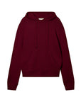 The Jumper 1 2 3 4/CR2 Oversized Hoodie in maroon merino features long sleeves, a front kangaroo pocket, drawstring hood, and is displayed on a white background.