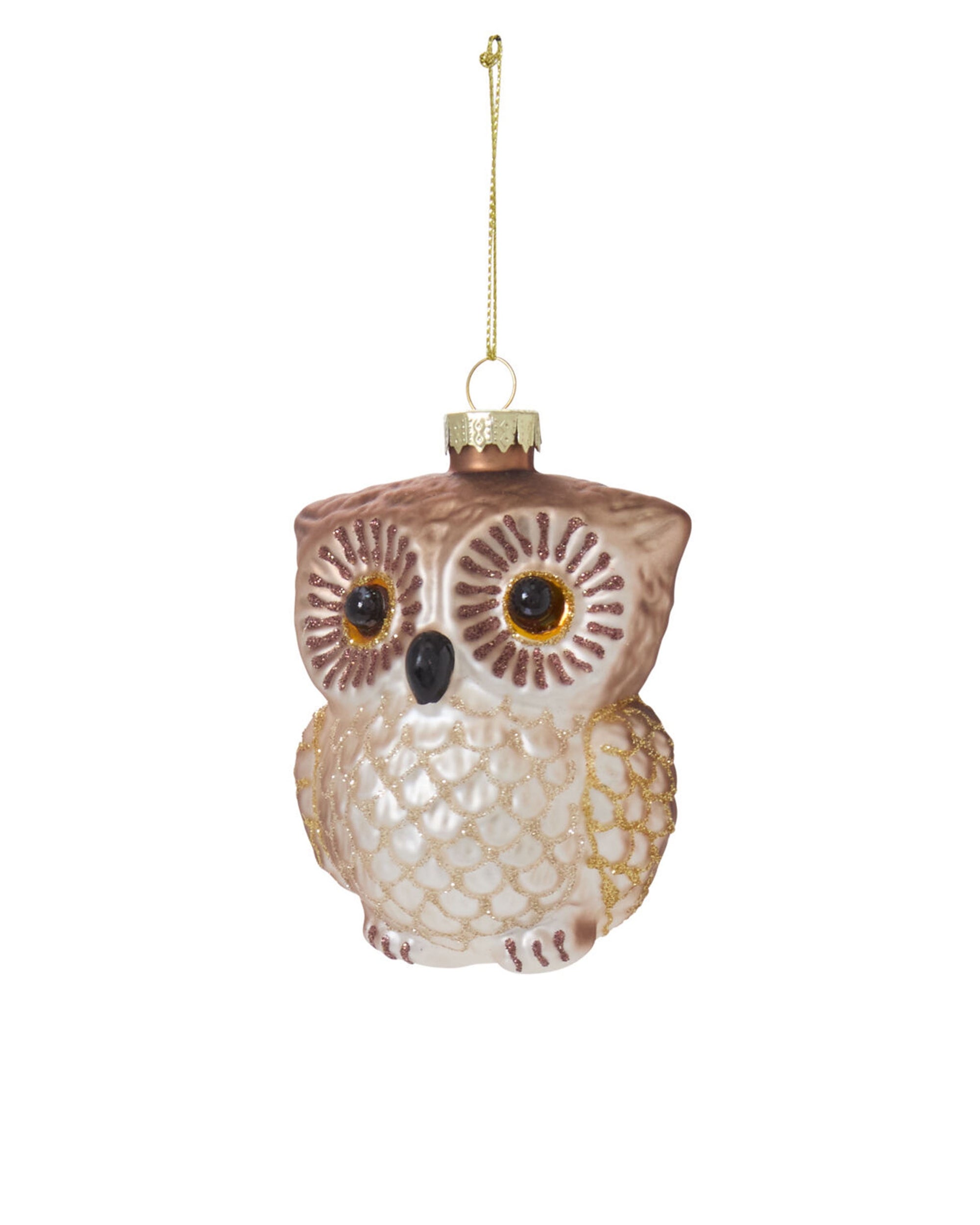 The Owl Ornament by Accent Decor is a glass Christmas ornament featuring brown and gold details, large eyes, and a gold string—ideal as a charming forest animal accent for your tree.
