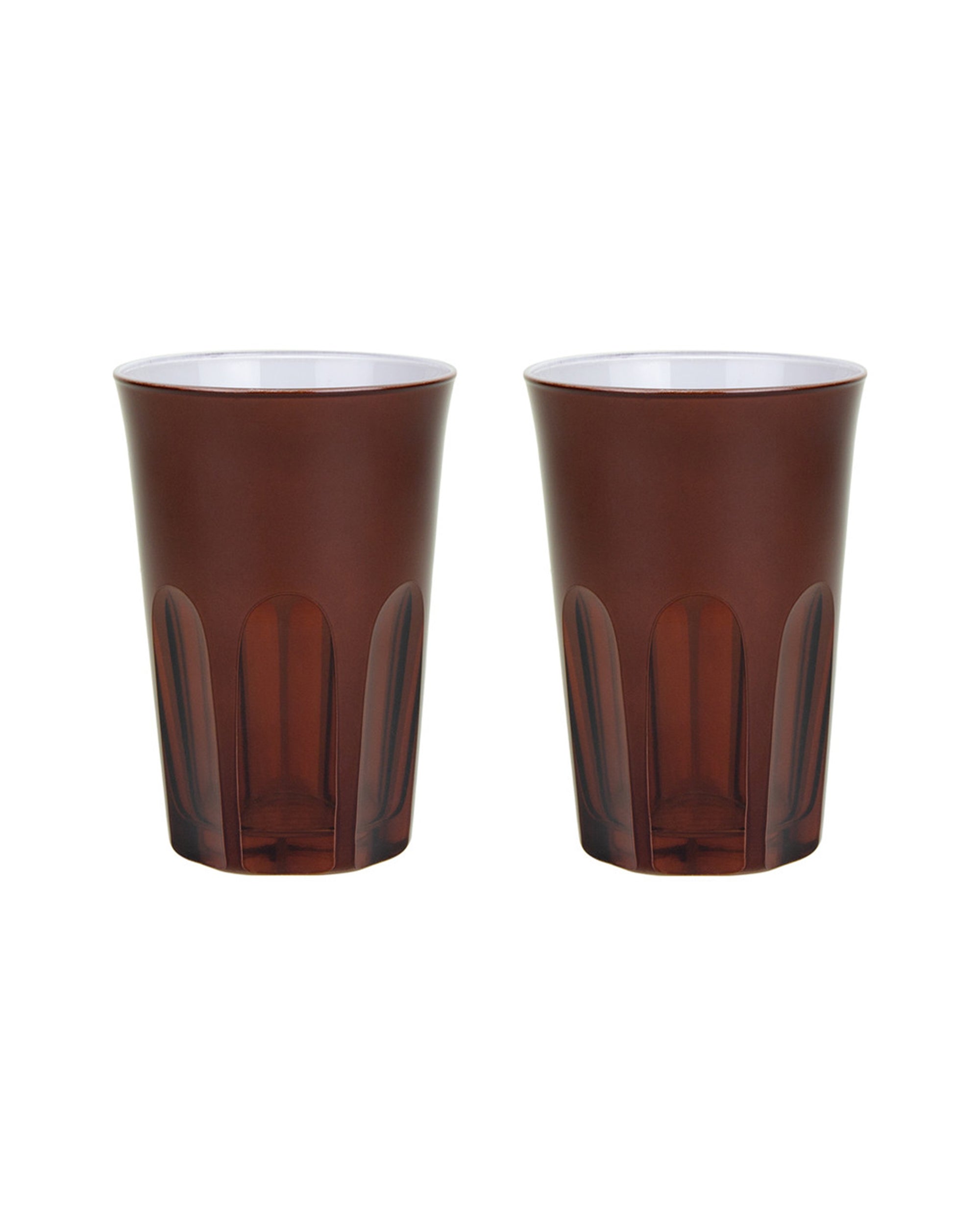 Two brown, translucent Rialto Glass Tumblers by Sir/Madam, featuring a faceted design, are displayed side by side on a white background—ideal for adding unique style to your table setting.