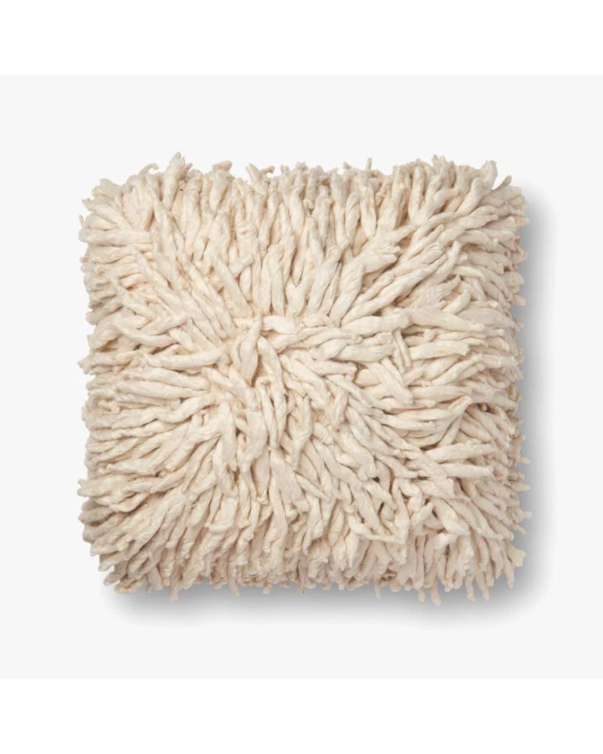 The Loloi Rugs P0537 Cream 22x22 pillow features a square shape, cream color, and shaggy, textured yarn for a soft, fluffy look. Insert included. Shown on a plain white background.