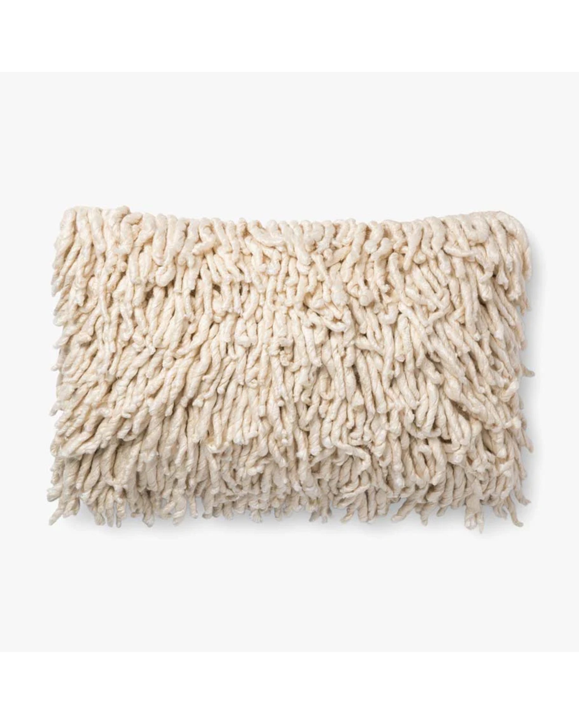 The Loloi Rugs P0537 Cream Pillow 16x26 features a shaggy, cream yarn texture for a playful, fluffy look. Insert included.