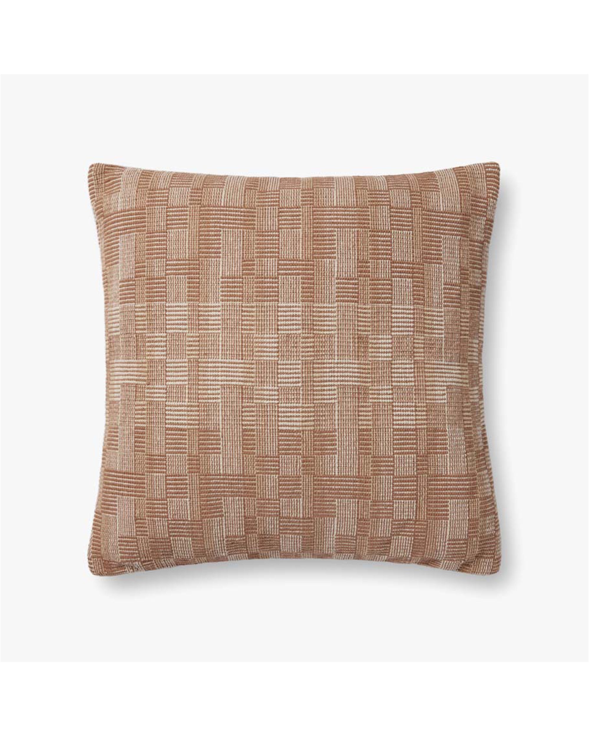 The PAL0023 Dolly Clay Pillow by Loloi Rugs features a square shape with a woven geometric pattern in light brown and beige on white cotton, finished with a knife edge.
