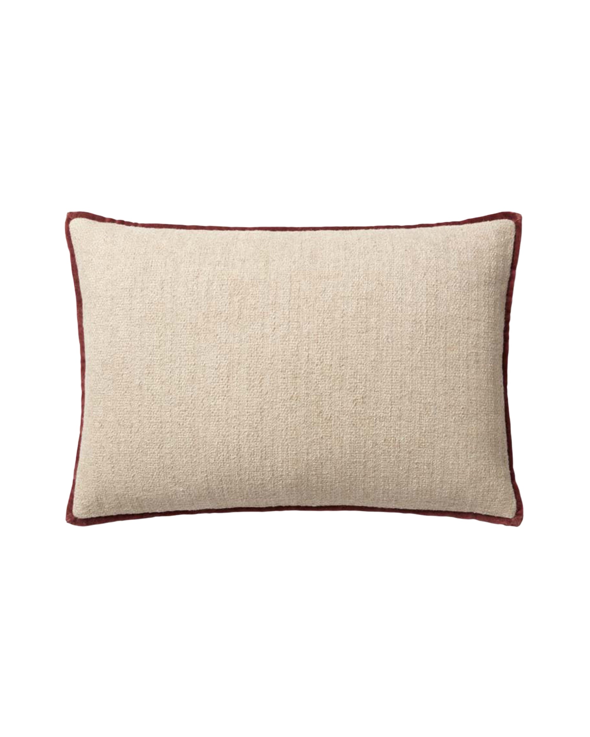 The Aveline Ivory 16x26 pillow by Loloi Rugs features textured beige linen fabric, dark brown edge piping, and a hidden flap zipper, displayed against a white background.