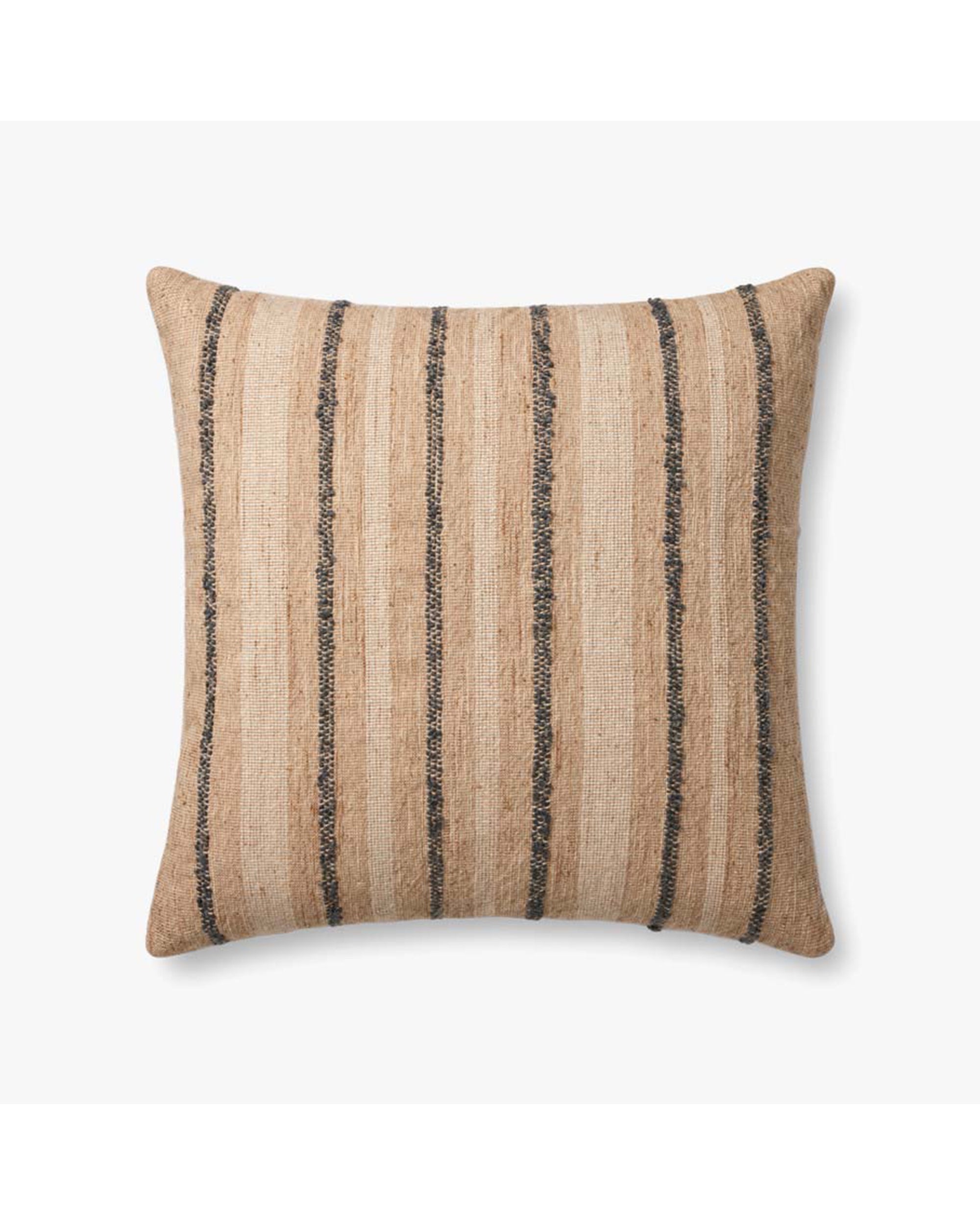 The PAL0038 Elowen Natural throw pillow by Loloi Rugs features a beige backdrop with vertical black and light brown stripes on soft, textured woven cotton for added comfort.