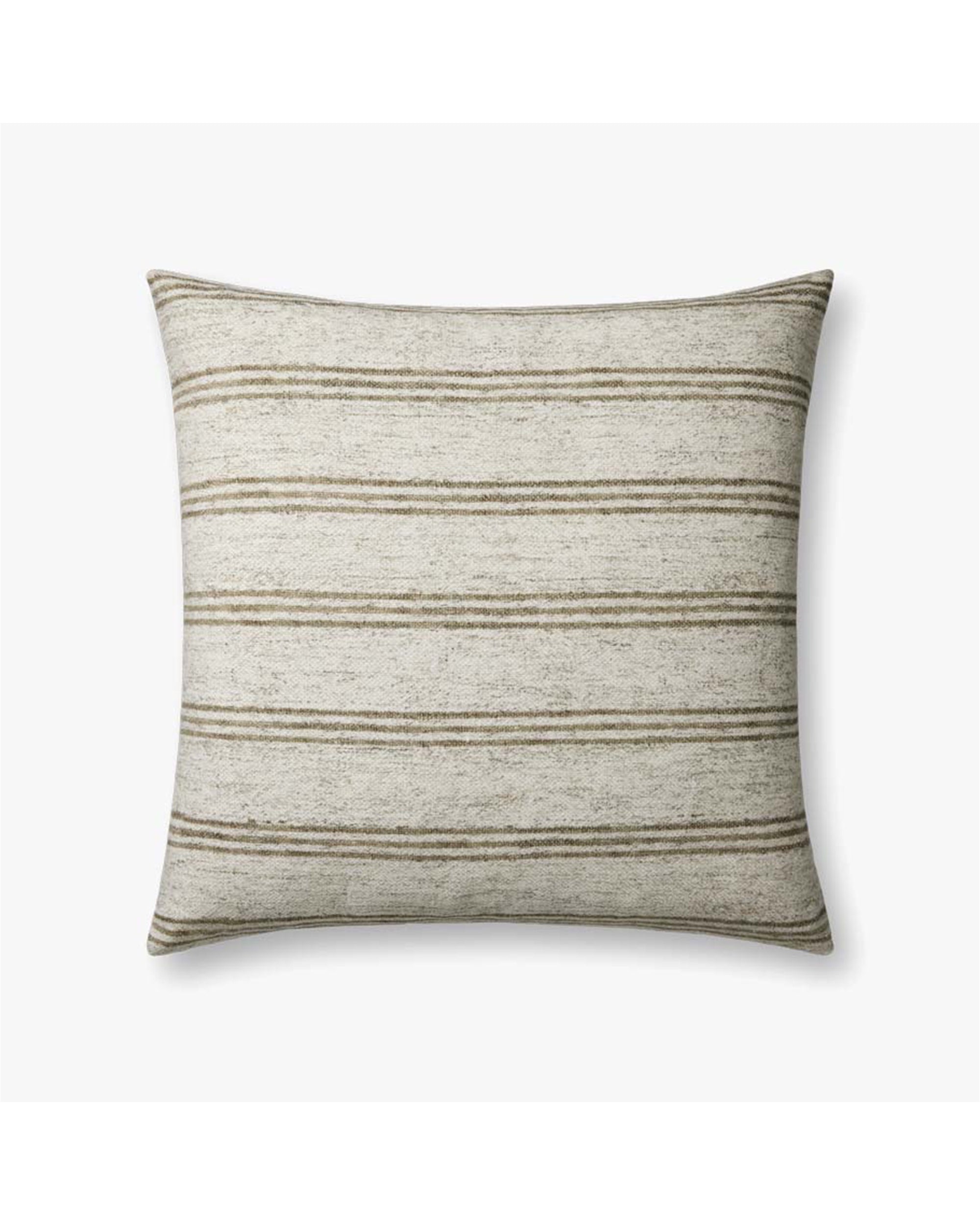 The PAL0040 Zephyr Ivory pillow by Loloi Rugs features a rectangular cotton design with a neutral beige background, thin dark brown horizontal stripes, and textured fabric for a cozy, rustic look.