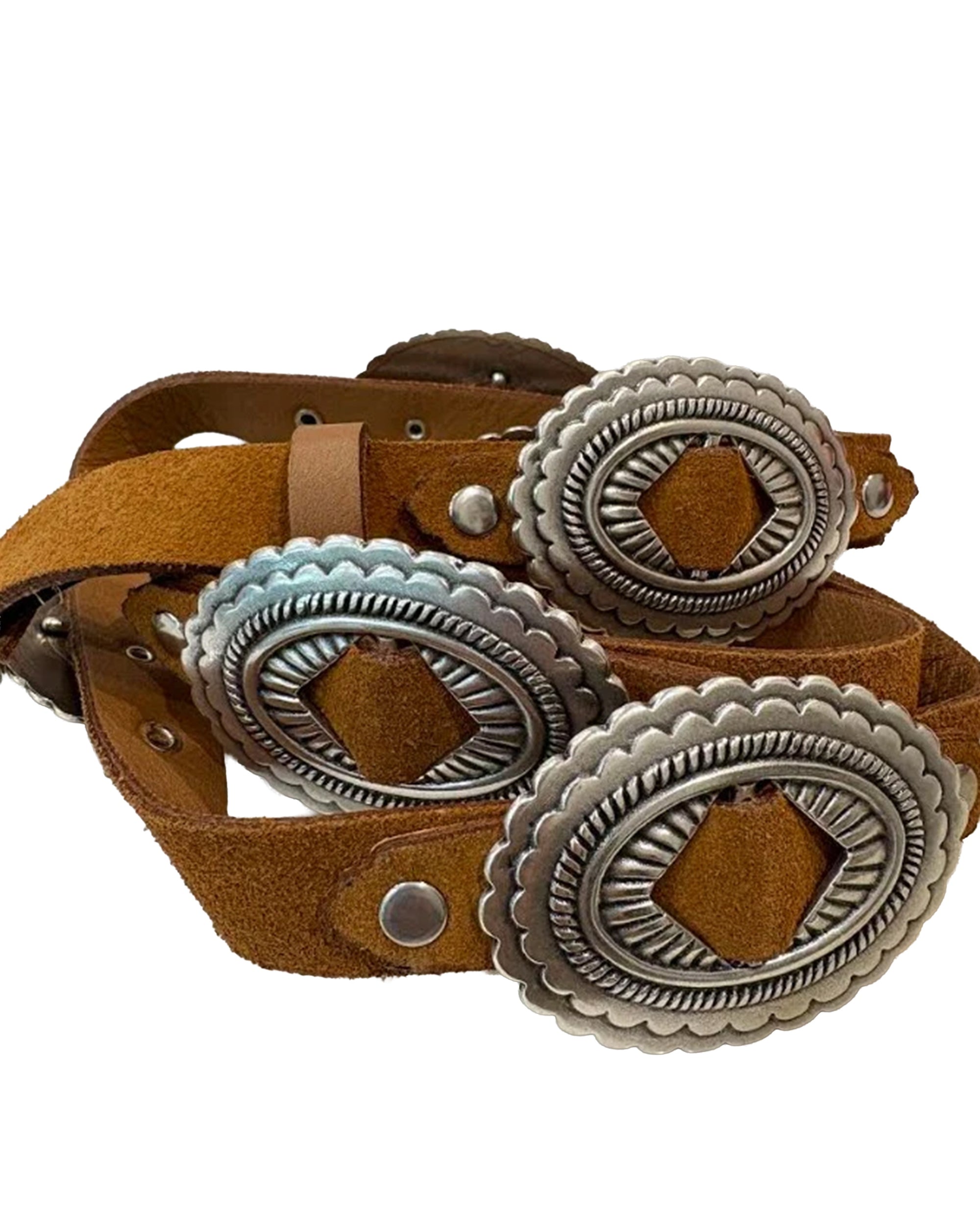 The Pansy Belt by ICO Sportswear Ltd. is a brown suede leather belt, handcrafted in Germany and adorned with large, ornate silver conchos featuring scalloped and diamond-shaped designs.