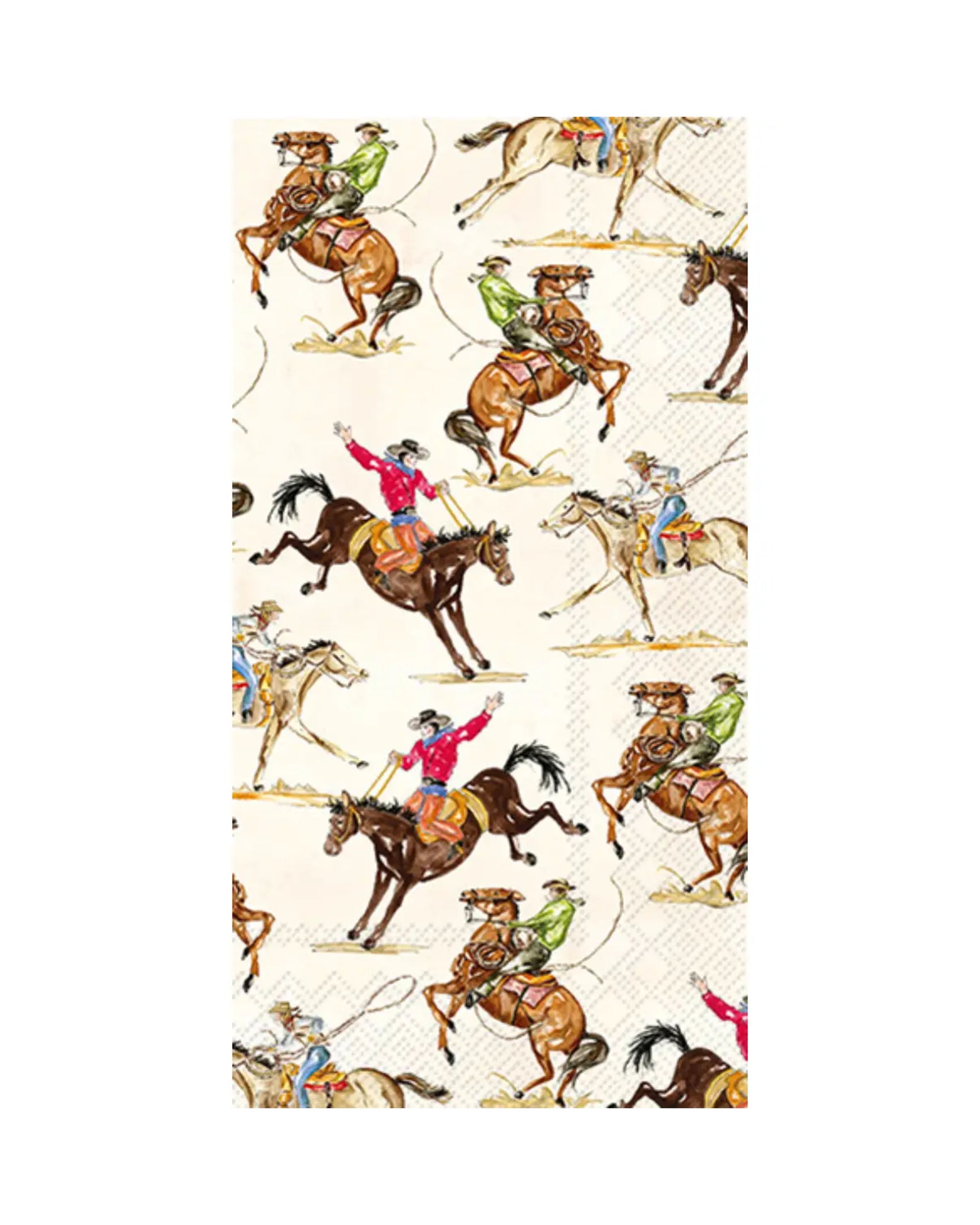 The Boston Guest Napkins by Faire feature a pattern of rodeo cowboys riding bucking broncos in colorful shirts and hats, set on a light background with subtle fence and rope details.