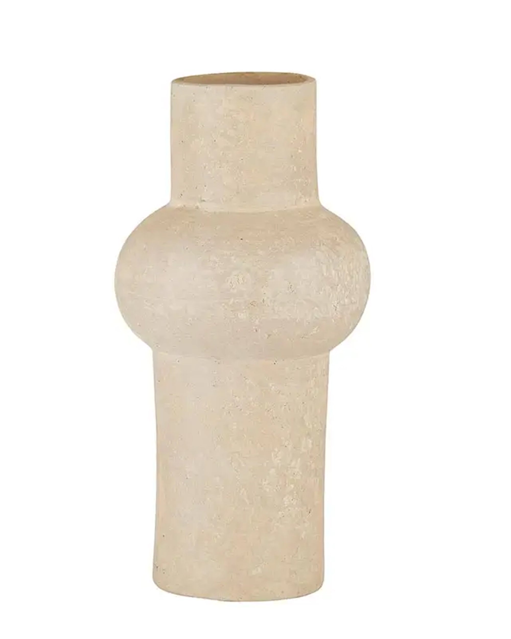 Large beige paper mache vase with round middle, cylindrical top and base by Faire for Bungalow Furniture &amp; Accessories.