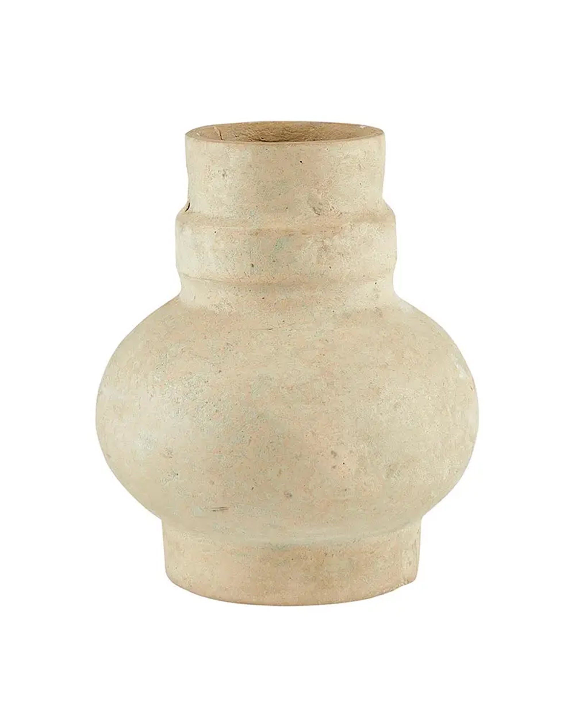 Beige round paper mache vase with narrow neck, textured finish by Faire for Bungalow Furniture &amp; Accessories.