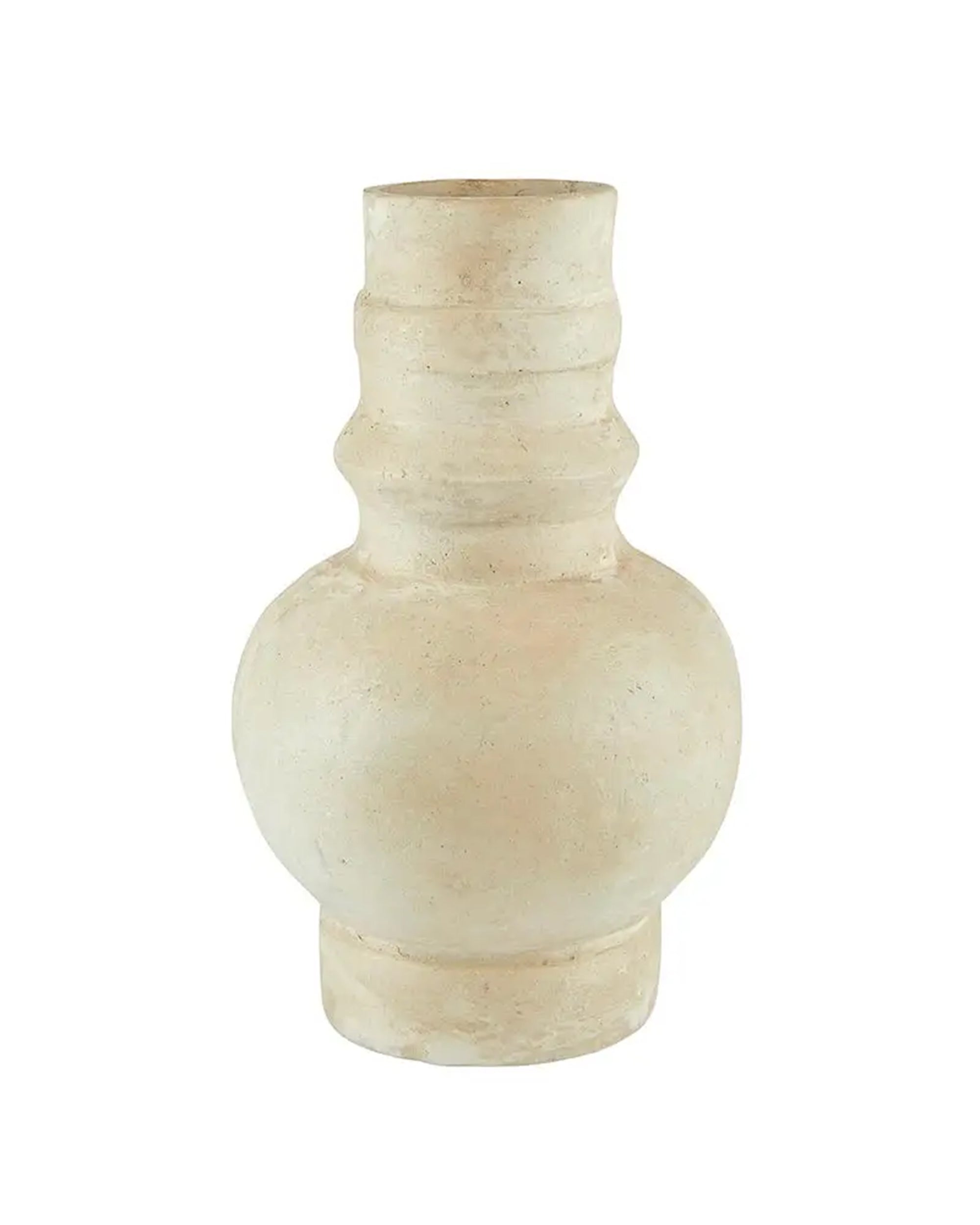 Tall beige paper mache vase with round base and narrow neck, wavy ridges; Faire, decorative accent for modern living spaces.