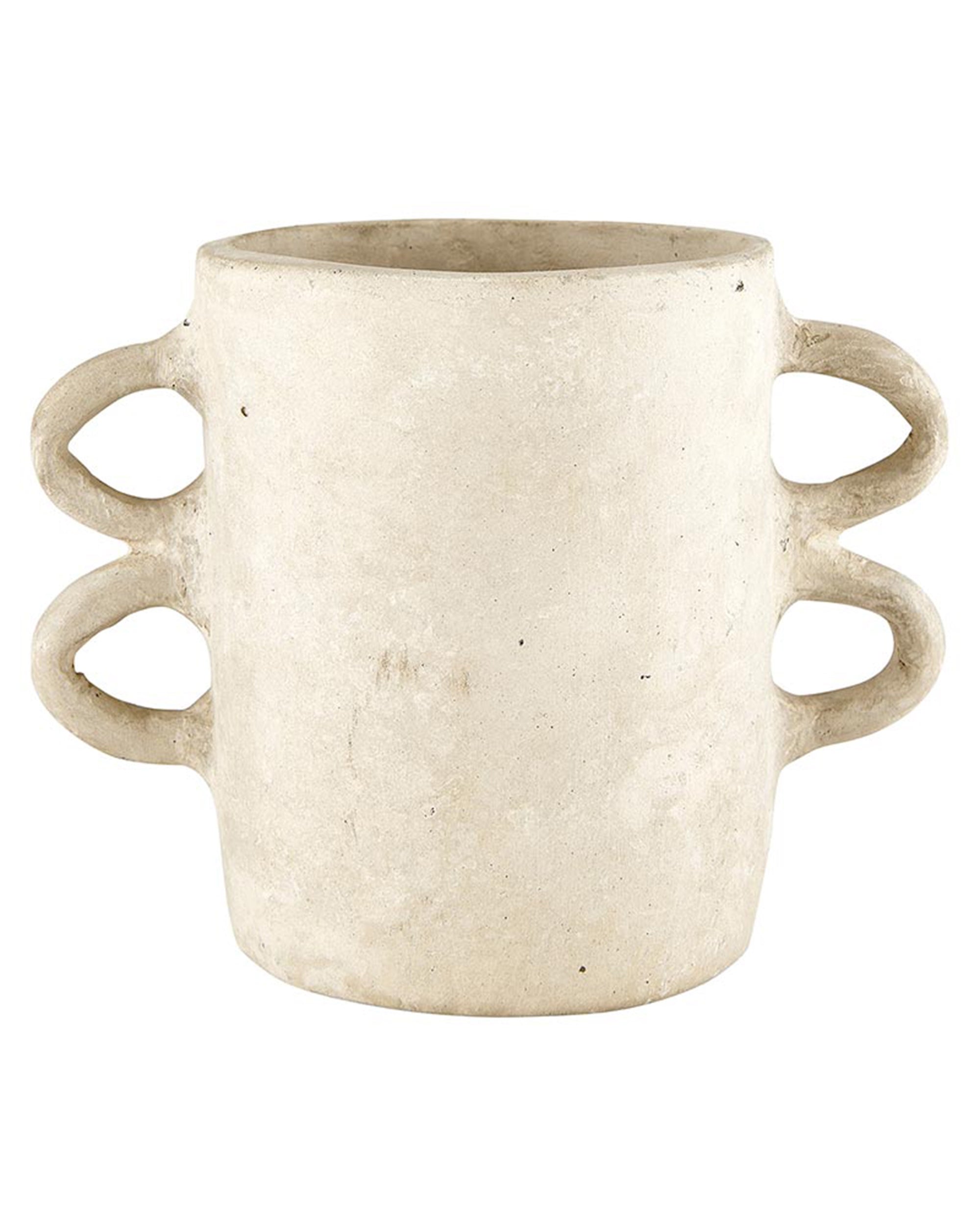 Textured natural paper mache vase with four loop handles, by Faire, decor for modern living or dining rooms.