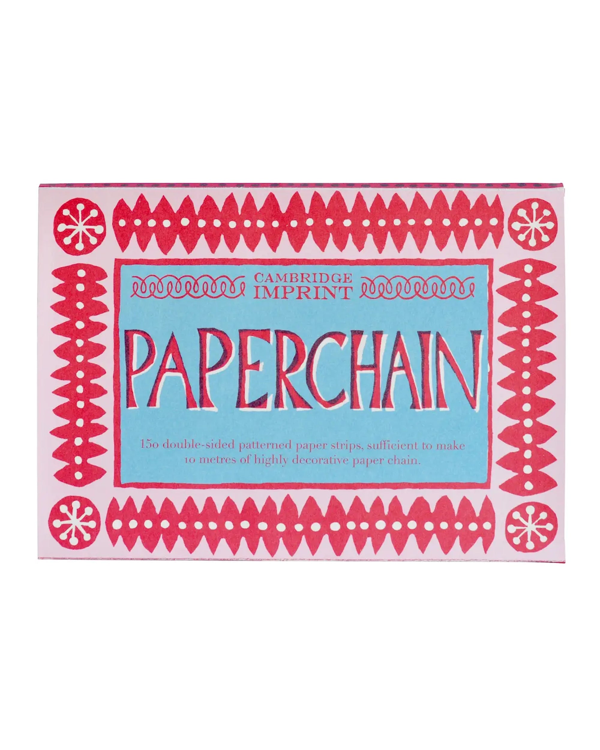 A rectangular box labeled "Faire Paperchain" features a red and blue decorative border and white text, promoting biodegradable patterned paper strips for making a decorative paperchain.