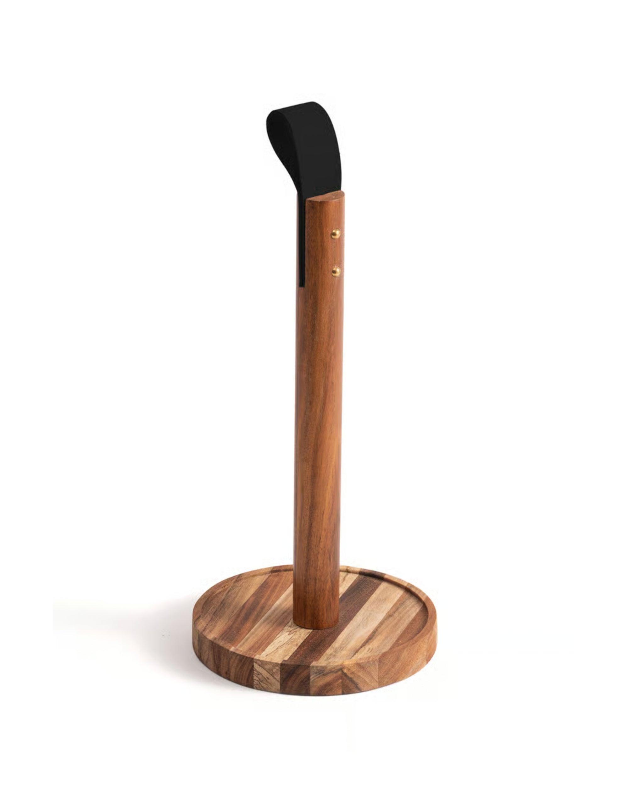 The Fox Run Brands Acacia PaperTowel Holder features a minimal wooden base and stand, topped with a curved black metal accent, shown against a white background.