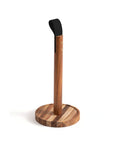 The Fox Run Brands Acacia PaperTowel Holder features a minimal wooden base and stand, topped with a curved black metal accent, shown against a white background.