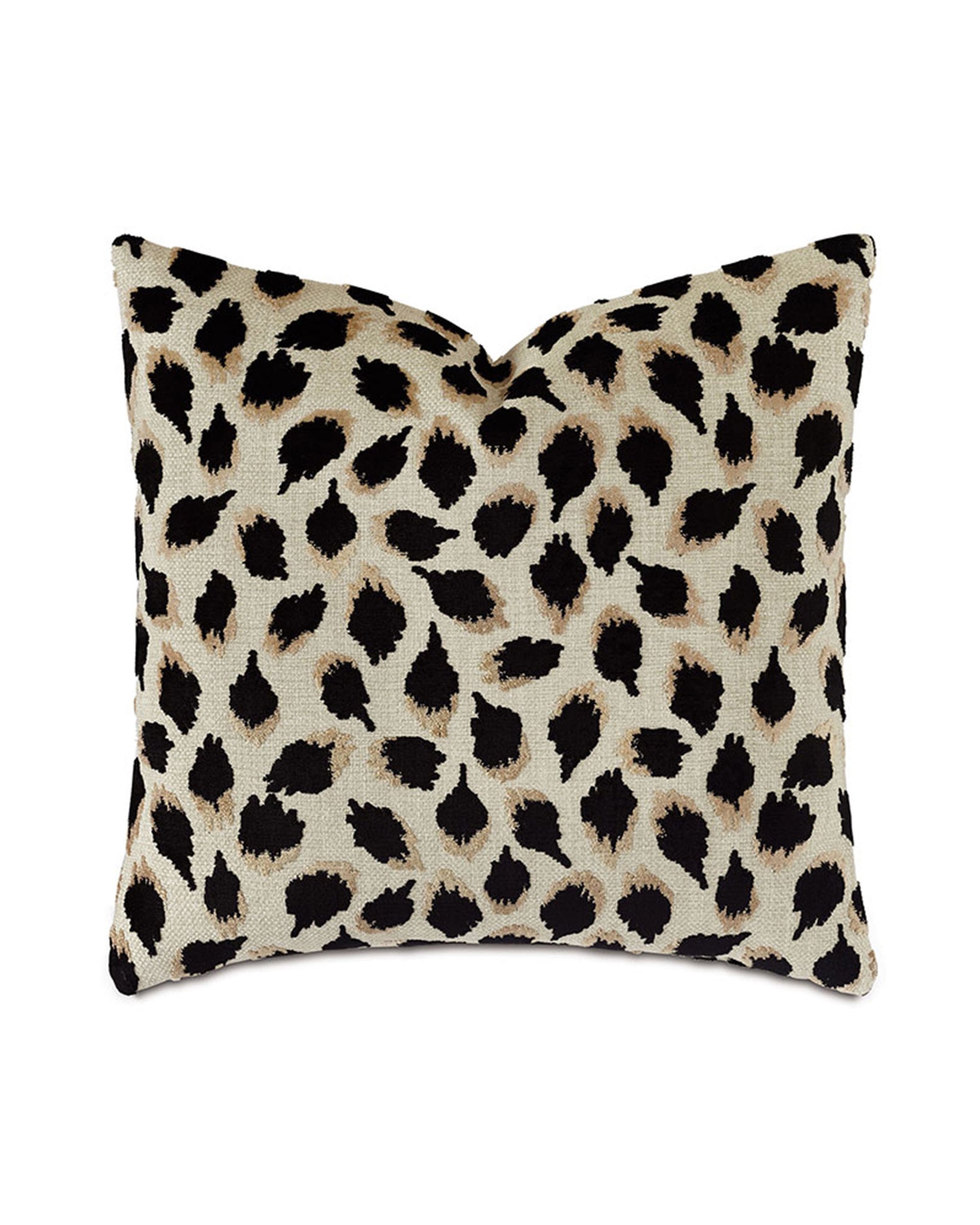 The PARK AVE ANIMAL pillow by Eastern Accents features a beige chenille background with bold black leopard print spots. This plush, stylish decorative pillow adds a chic, modern touch to any space.