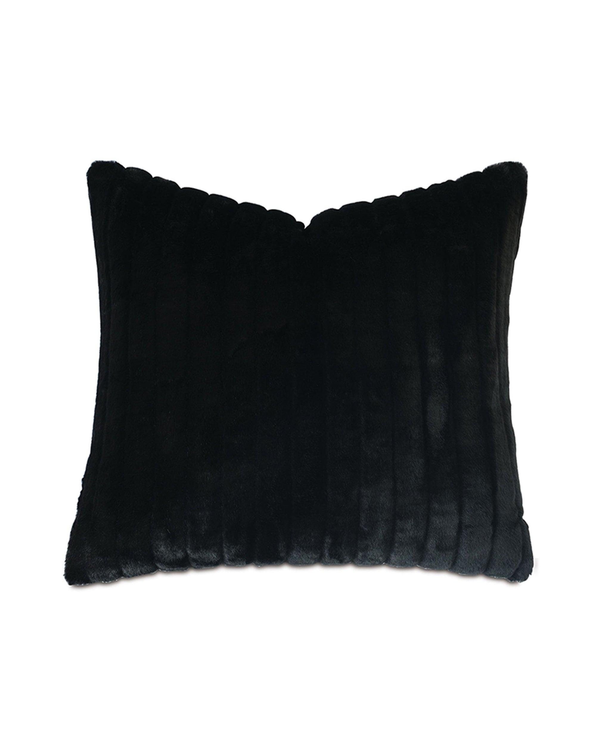 The PARK AVE FAUX FUR euro sham by Eastern Accents features black faux fur with vertical ribbing, a hidden zipper closure, and comes with a pillow insert. Shown on a white background.