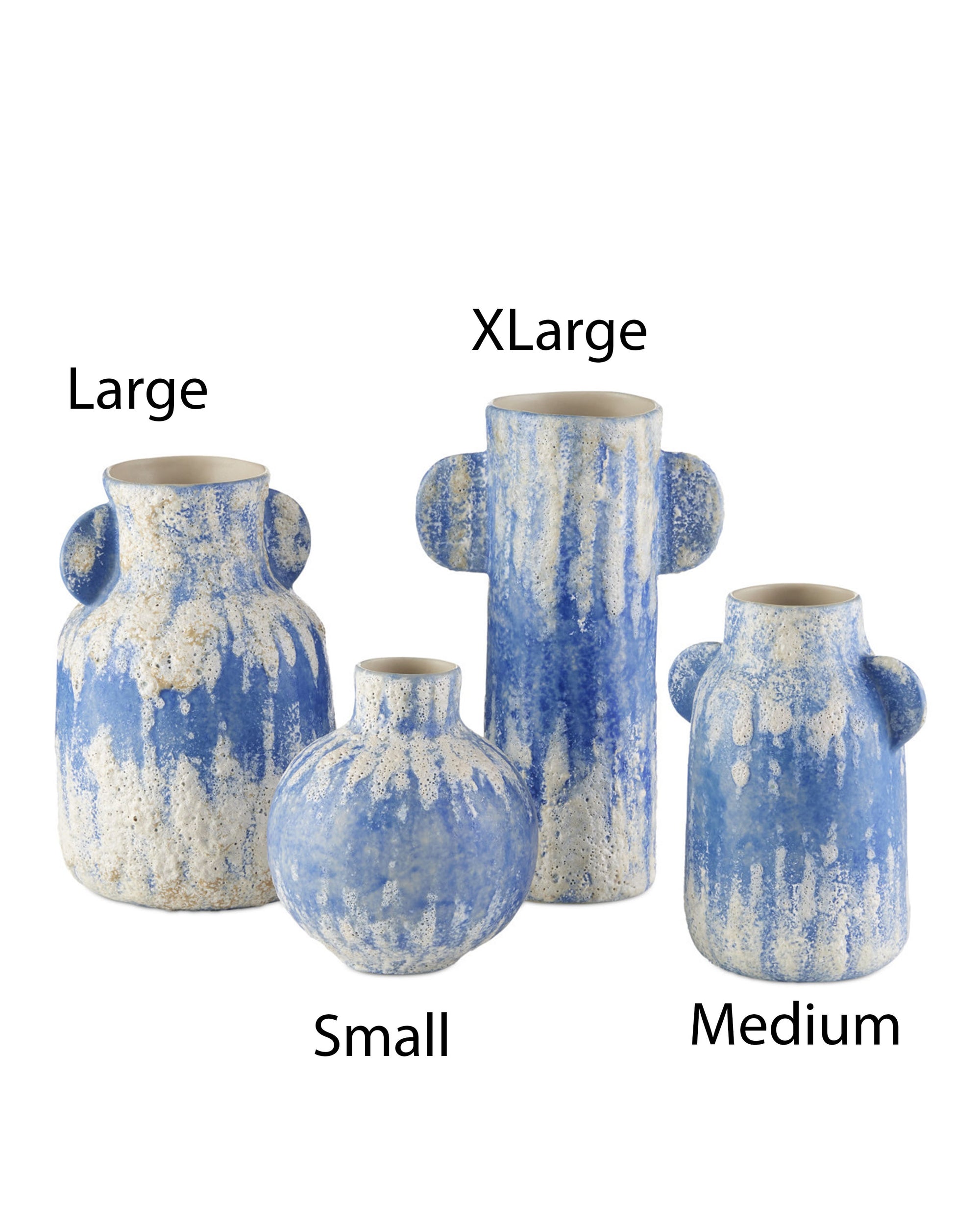 Four Paros Vases by Currey & Company, Inc.—blue and white textured ceramics in Large, Medium, Small, and XLarge—are arranged side by side on a white background for a striking Mediterranean display.