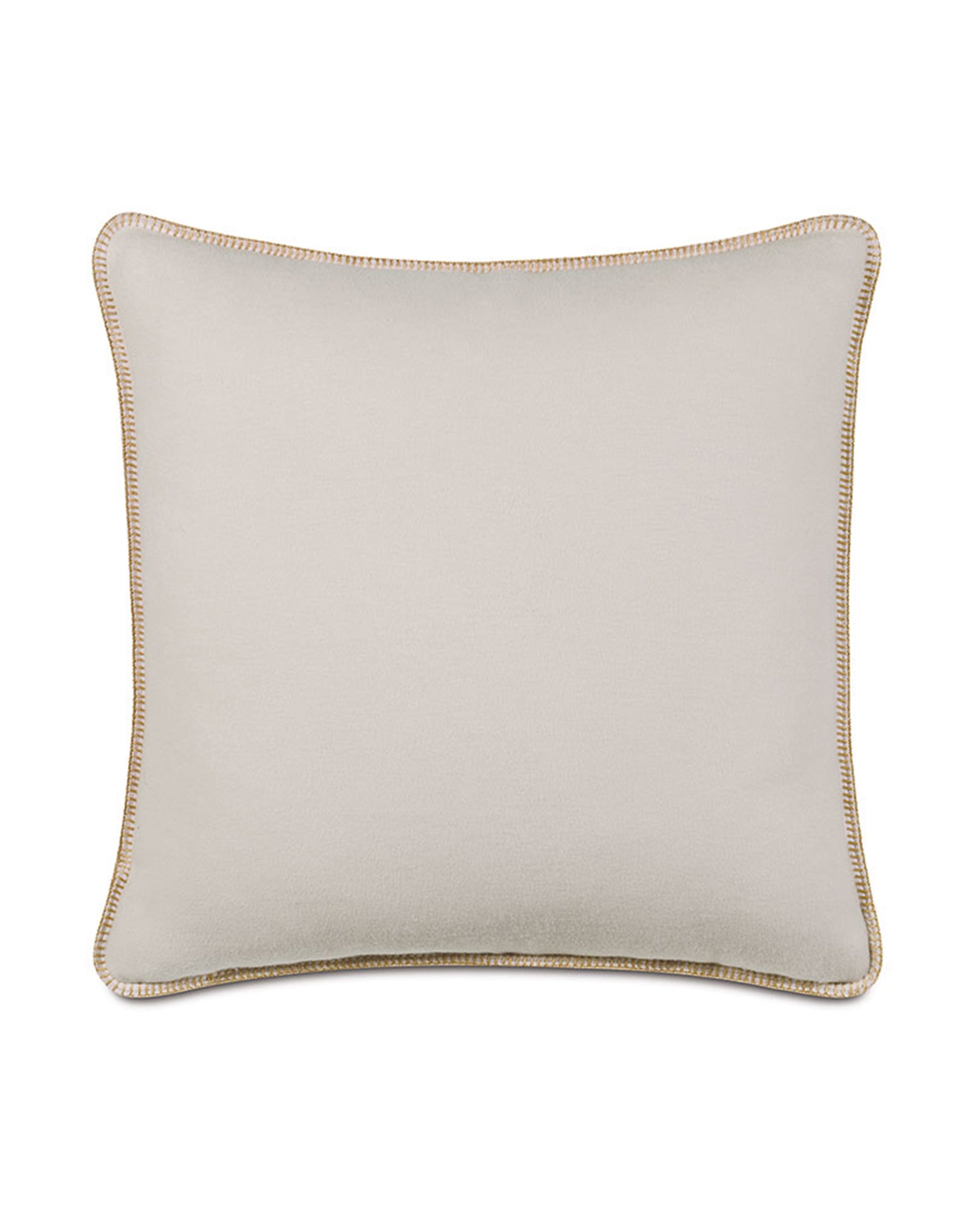 The Eastern Accents EUS-469 Pattinson Blanket Stitch is a square beige throw pillow featuring subtle gold blanket stitching along the edges, displayed against a white background.
