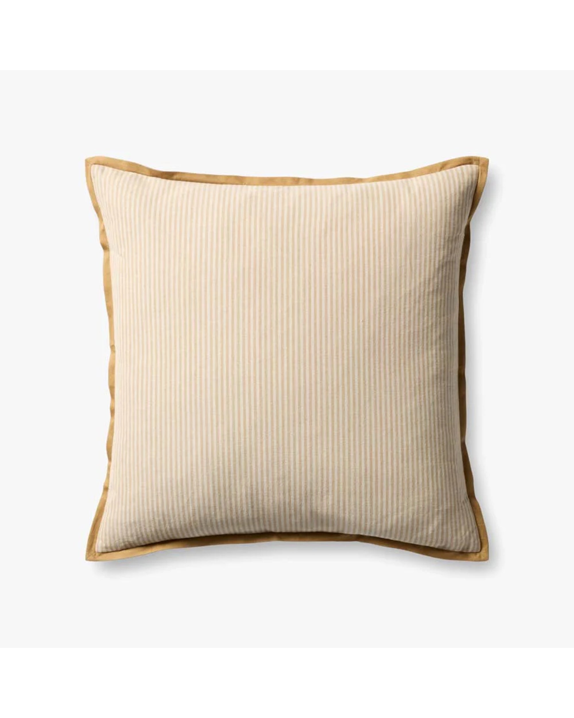 The PJBR0001 Natural GO Pillow by Loloi Rugs is a square throw pillow featuring thin beige and white vertical stripes, a solid light brown border, and a hidden zipper, shown on a plain white background.