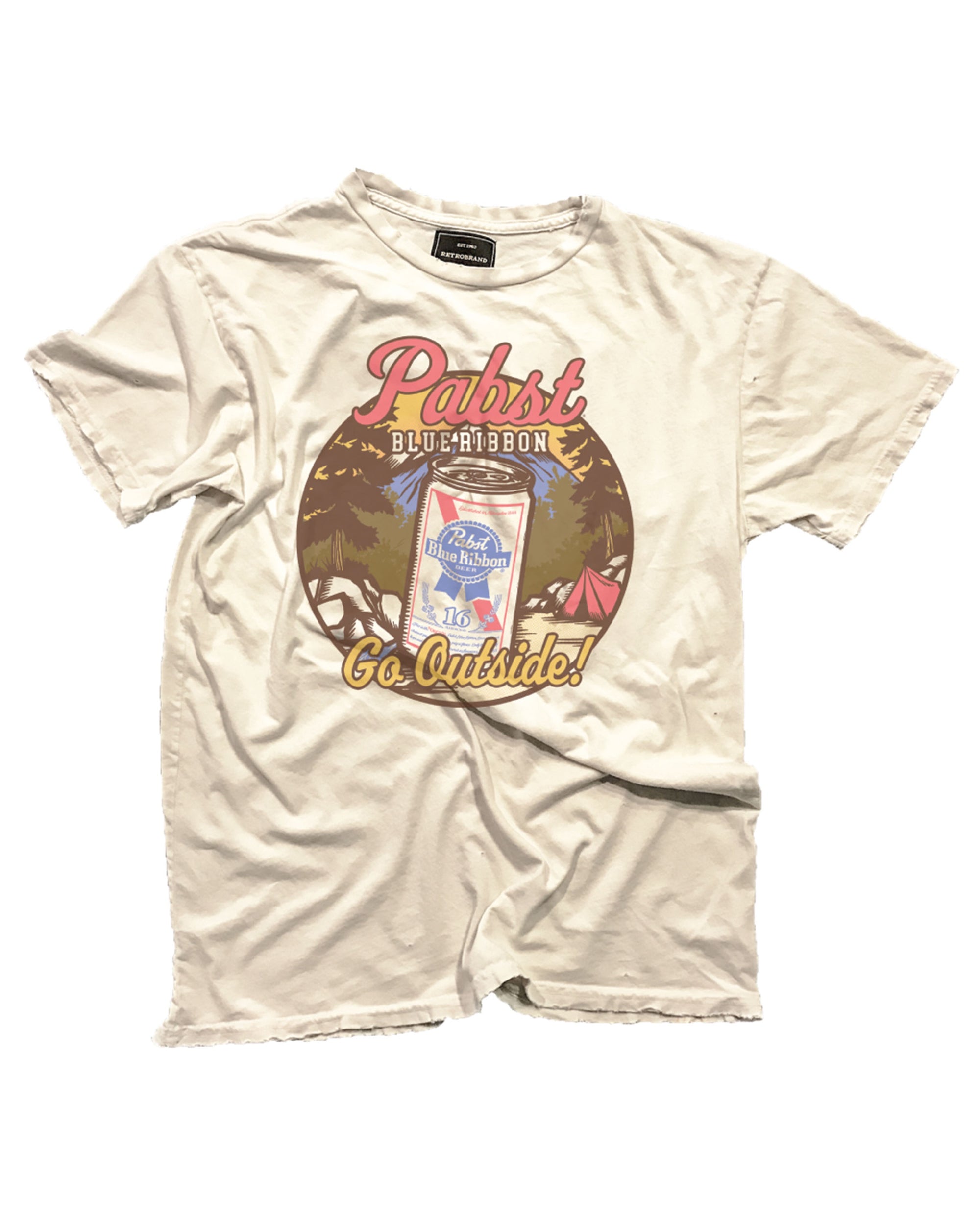 The PBR Go Outside tee by Wildcat Retro Brands is a beige, vintage-style shirt featuring trees, a tent, a can of Pabst Blue Ribbon, and colorful retro "Pabst Blue Ribbon Go Outside!" text. Made in the USA.