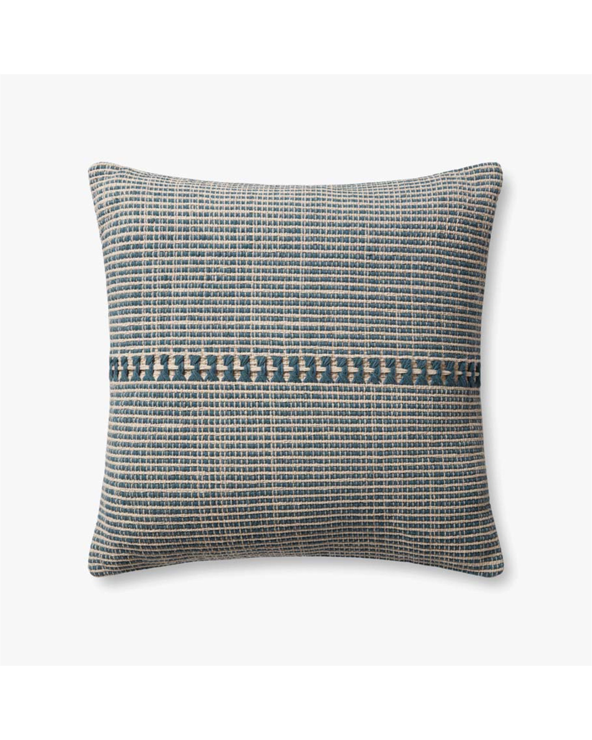 The Loloi Rugs PCJ0018 Blue Natural rectangular pillow features a soft cotton construction with a woven blue and beige pattern, highlighted by a central geometric stripe. Its textured finish and clean edges add stylish detail.