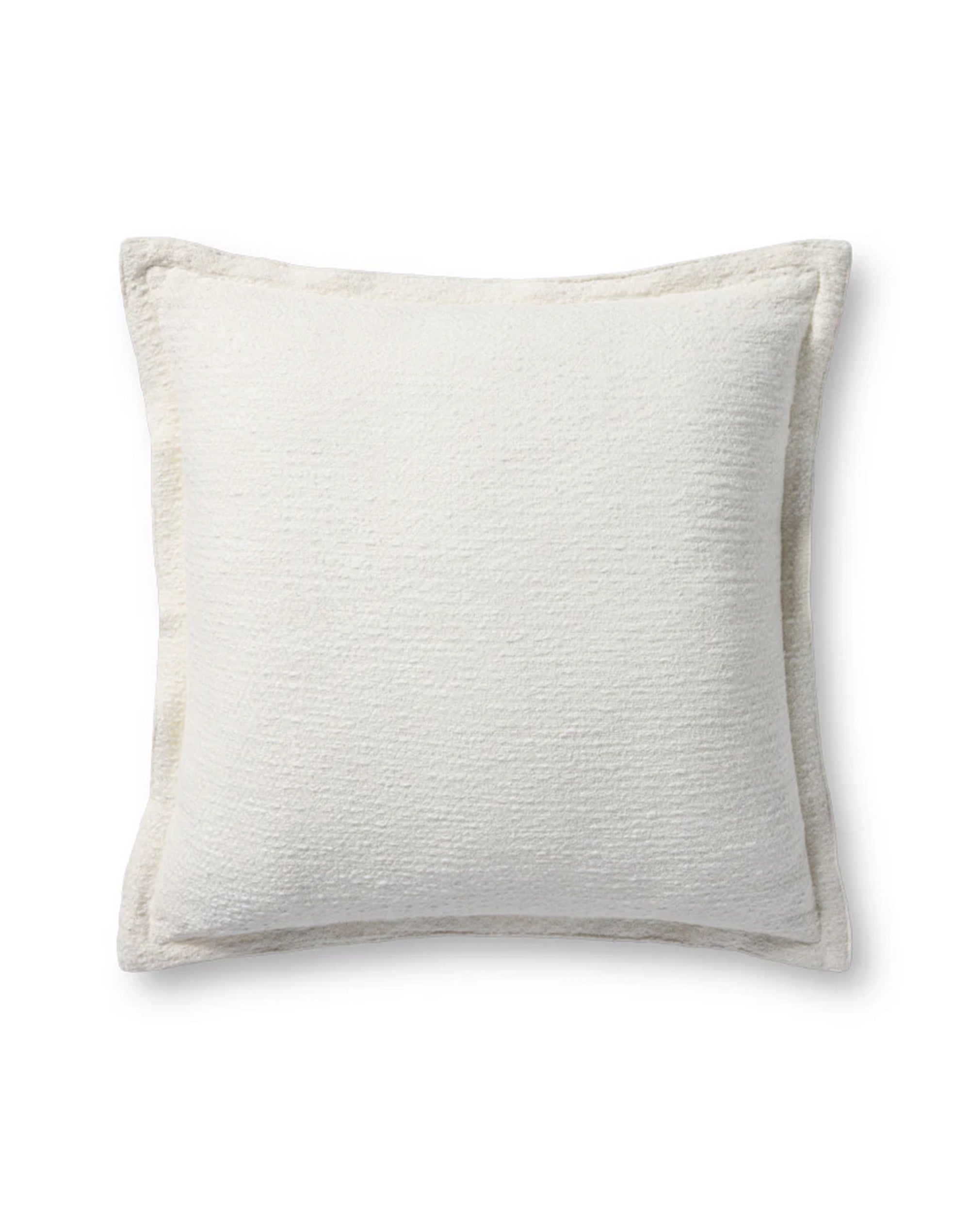 The Loloi Rugs PCJ0022 Pillow 22x22 features a soft, textured white fabric with a subtle edge border and hidden flap zipper for a seamless look, shown on a plain white background.