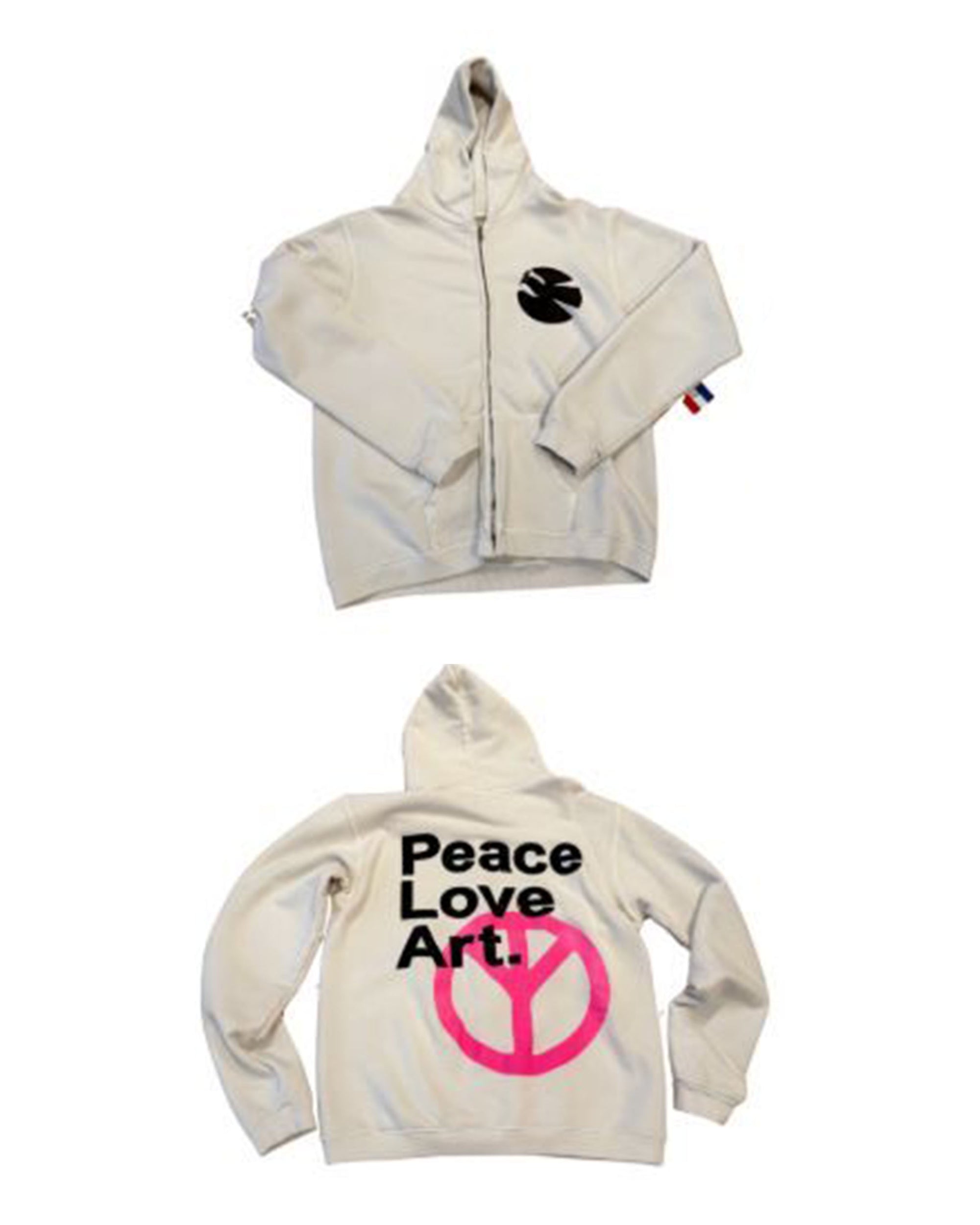 Two views of the Made Worn Peace Love Oversized Hoodie: front features a black circular chest logo; back shows “Peace Love Art.” in bold black text with a large pink peace sign—ideal for pairing with PE Sweatpants or other art-themed styles.